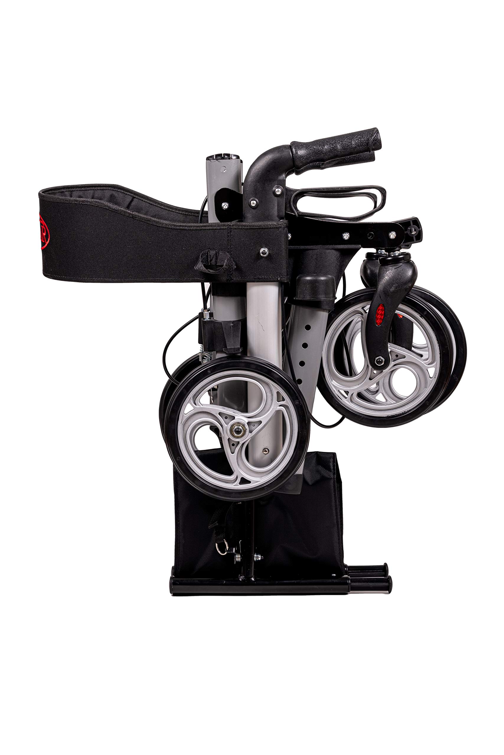 Antar 14949 Premium Aluminium-Rollator Set, Leichtgewicht-Reiserollator mit Vollausstattung, 3-fach faltbar für Kofferraum, Reise und Flug, Höhe verstellbar, Gurt, Stockhalter, silber
