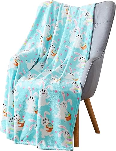 Manta de terciopelo de conejo de Pascua coloridos conejitos en la caza de huevos acento para sofá silla cama o dormitorio conejo de Pascua