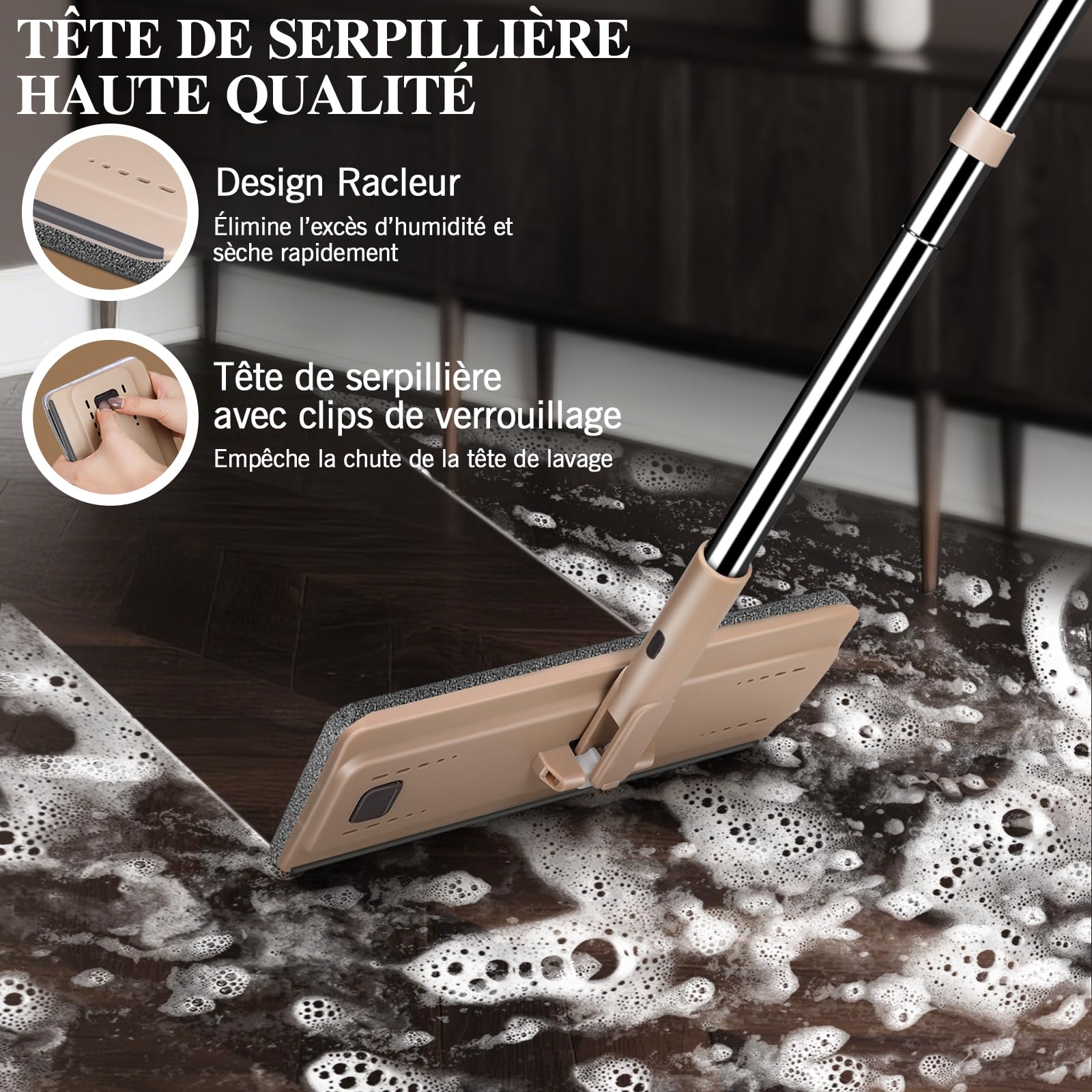 MASTERTOP Balai Plat Microfibre et Seau Essoreur, Serpillère Rotative 360° et Seau de Système Auto-Lavage pour Nettoyage de Sol Humide & Sec, avec 4 Tampons (Beige)