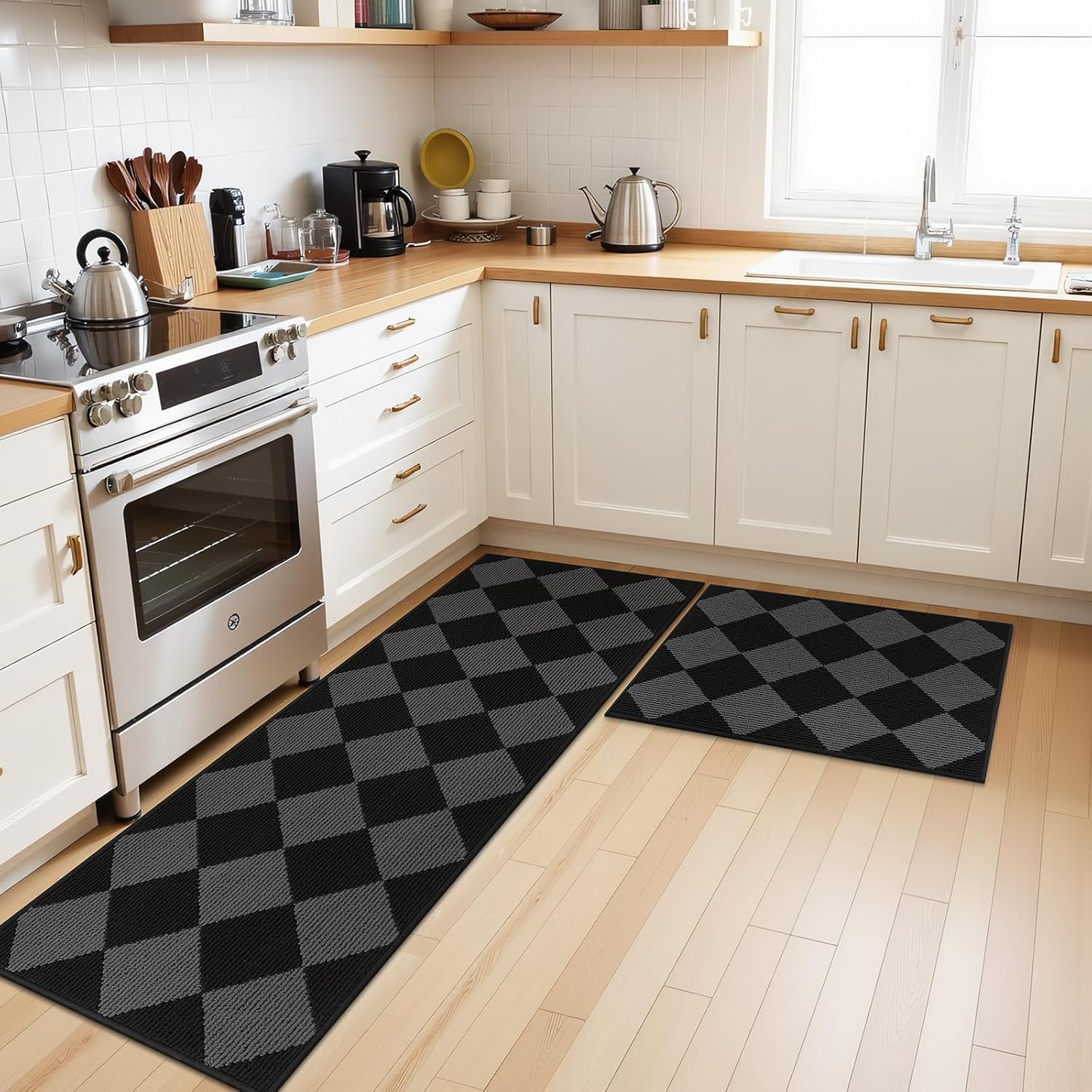 SHACOS 3 Piece Checkered Kitchen Runner Rug Washable Non Slip Kitchen Rug Set Indoor Floor Carpet Doormat, Hallway Entryway Runner Rug for Laundry, Bathroom, Living Room