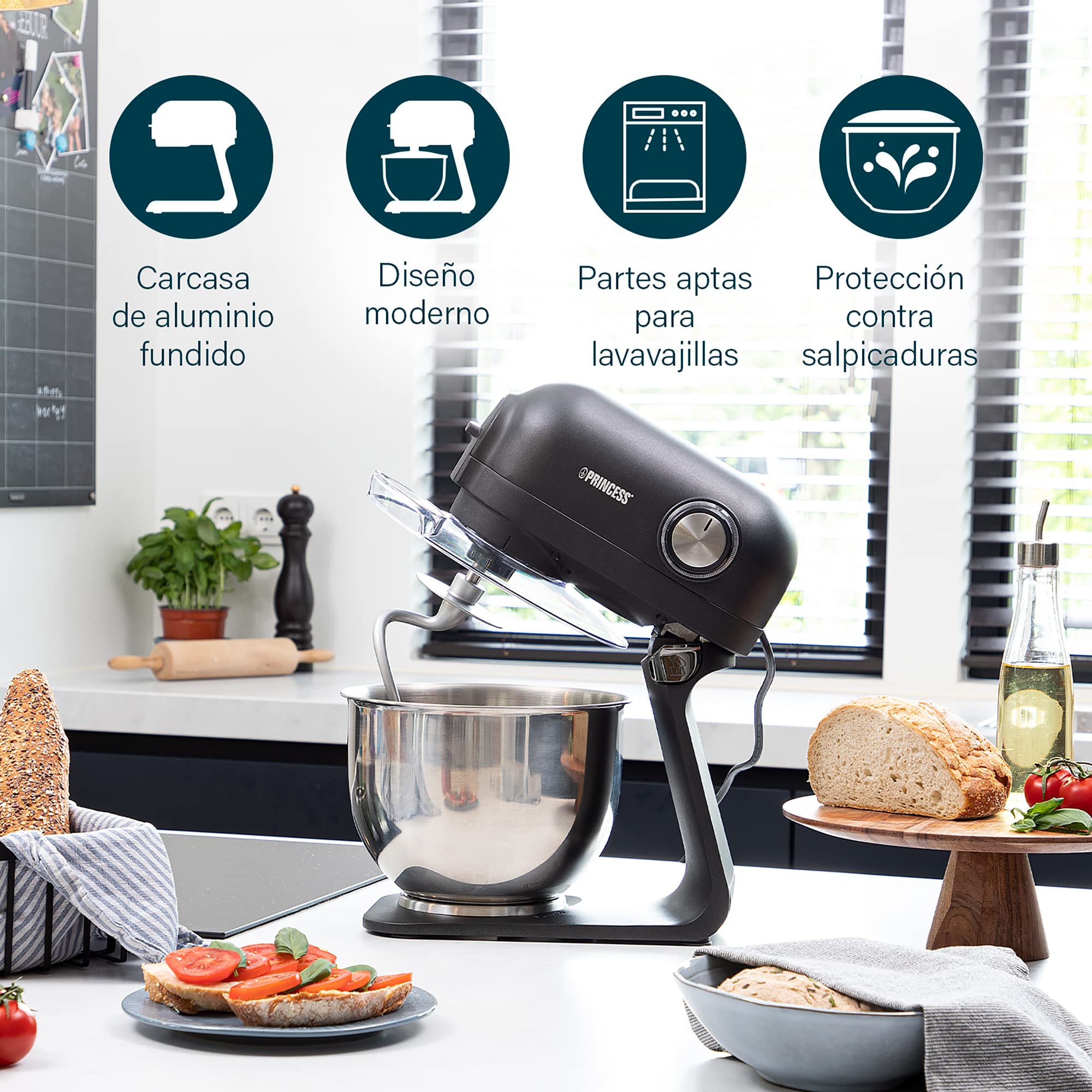 Princess 220137 Robot de cocina con capacidad de 5 L, 5 velocidades y función turbo, batidor de varillas, batidor plano y gancho de amasado incluidos, tapa con apertura de rellenado, 1200 W