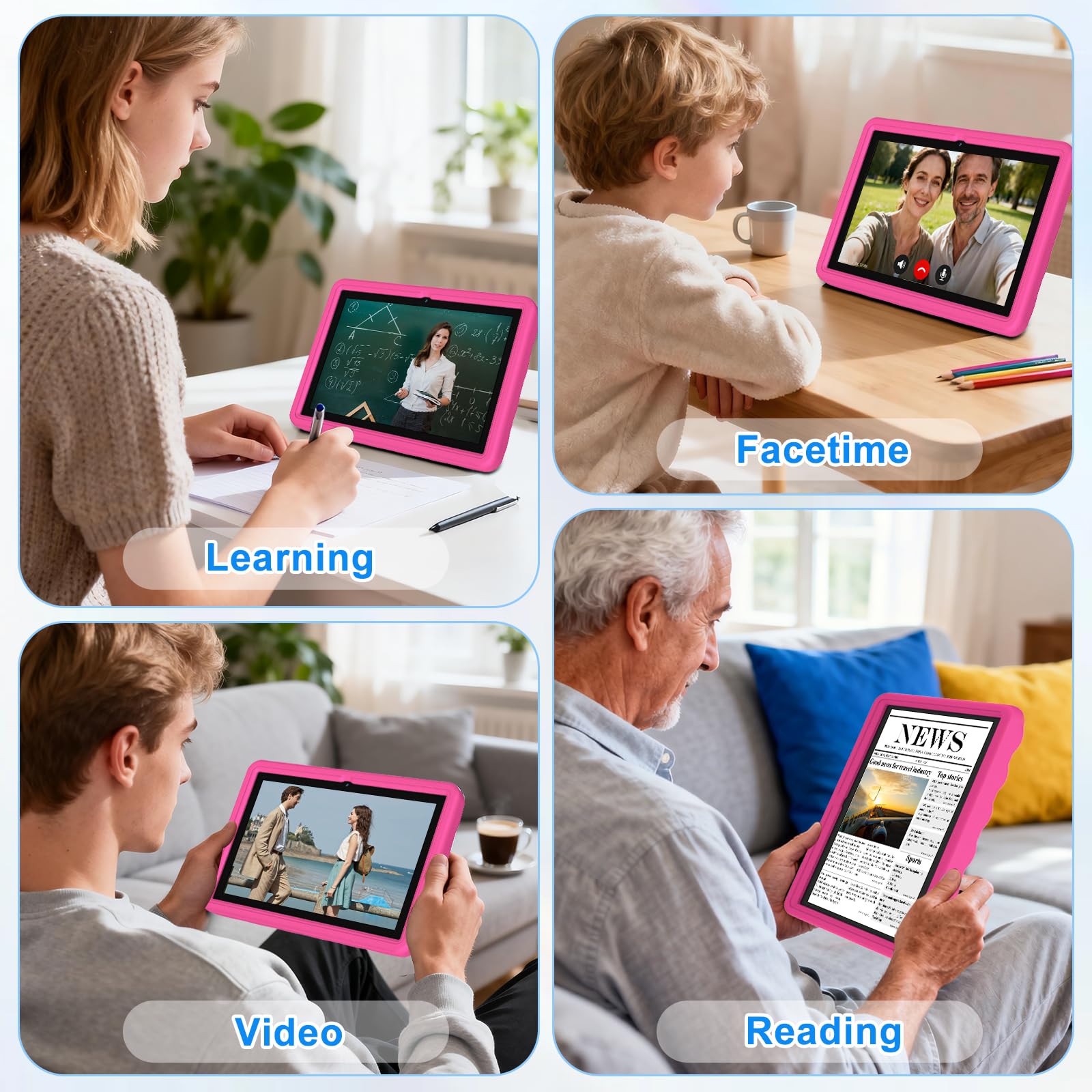 DMOAO Tablette Enfants 10 Pouces Android 15 avec 30Go RAM (TF 2To), 5G WI-FI 6, Widevine L1, Contrôle Parental, 8-Core, Tablette Tactile avec Coque Antichoc EVA + Support Rotatif à 360°,Rose Rouge