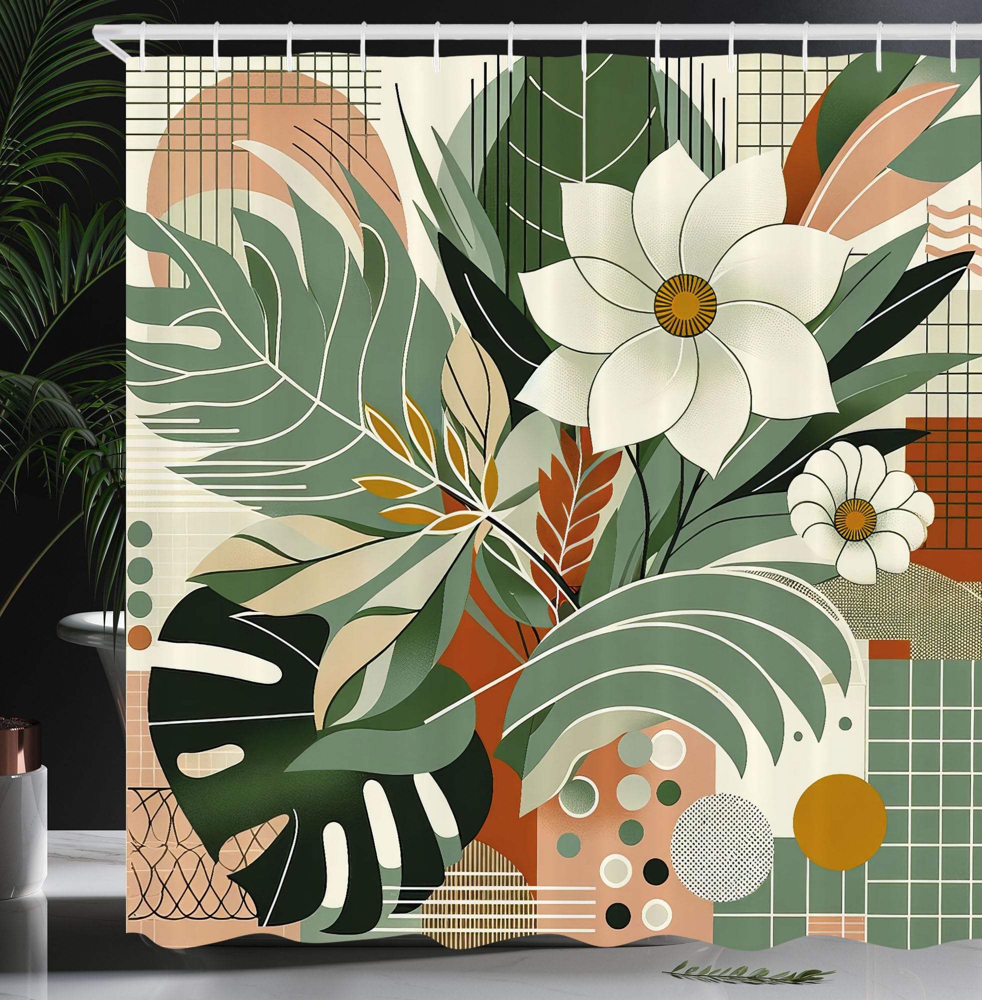 Ambesonne Mid Century Modern Shower Curtain, Huddle of Exotic Leaves and Plumeria Flowers on Grid Detail Back, Cloth Fabric Bathroom Decor Set with