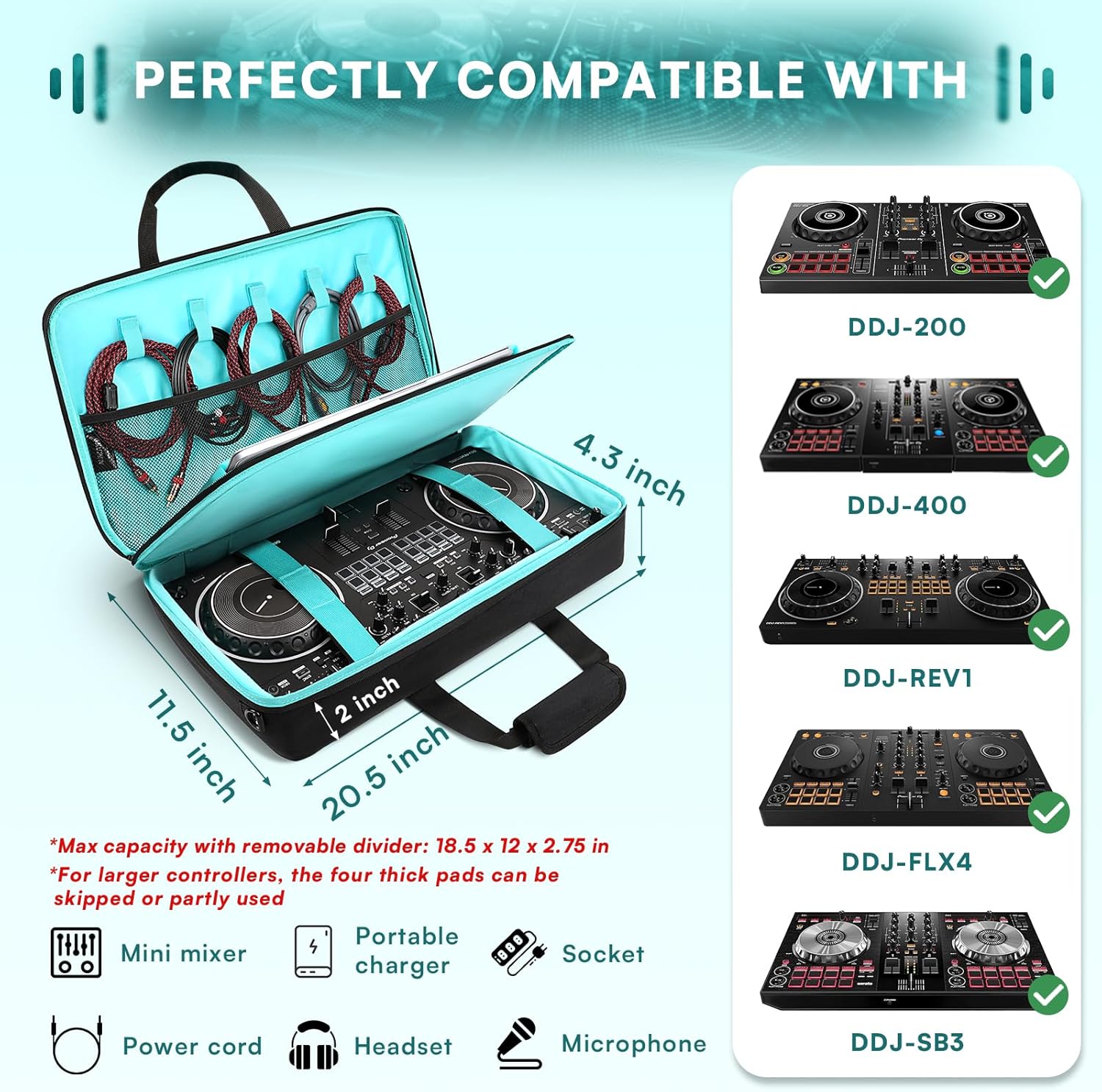 DJ Bag for DDJ-FLX4/DDJ 200/DDJ 400/DDJ REV1, Padded DJ Controller Crossbody Bag with 4 Pockets for 17.3 Inch Laptop, Cables, DJ Mixer Case with Adjustable Shoulder Strap for DJ Equipment - Image 3