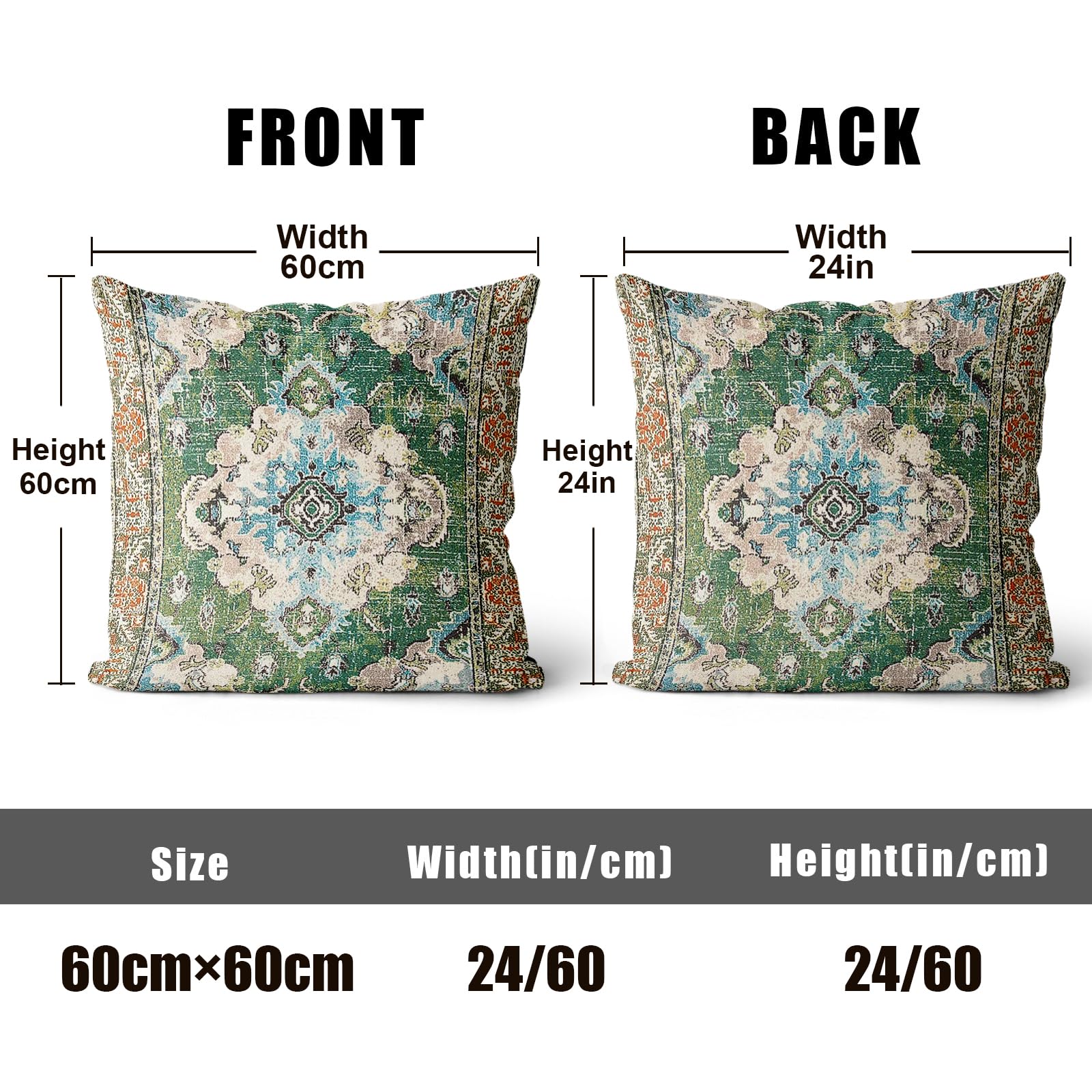 XPHZZL Pack of 2 Soft Decorative Cushion Covers 60cm x 60cm Square Throw Pillow Case Bohemian Style Pillowcases for Sofa Bedroom Outdoor Patio Garden Green with Invisible Zipper 24 x 24 Inch - Image 2