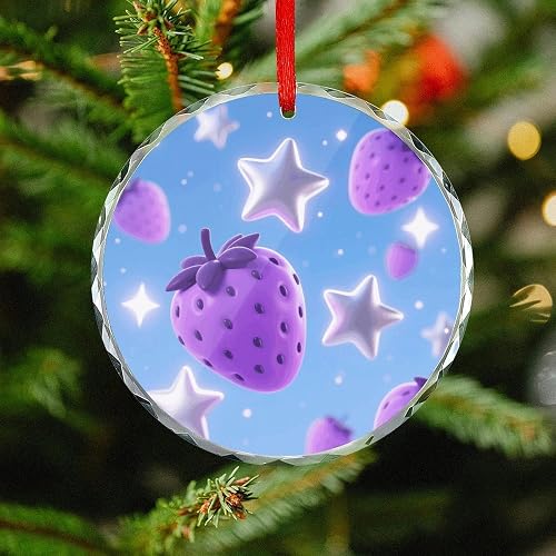 Stars and Purple Strawberries Christmas Ornaments - 3.1" Crystal Glass