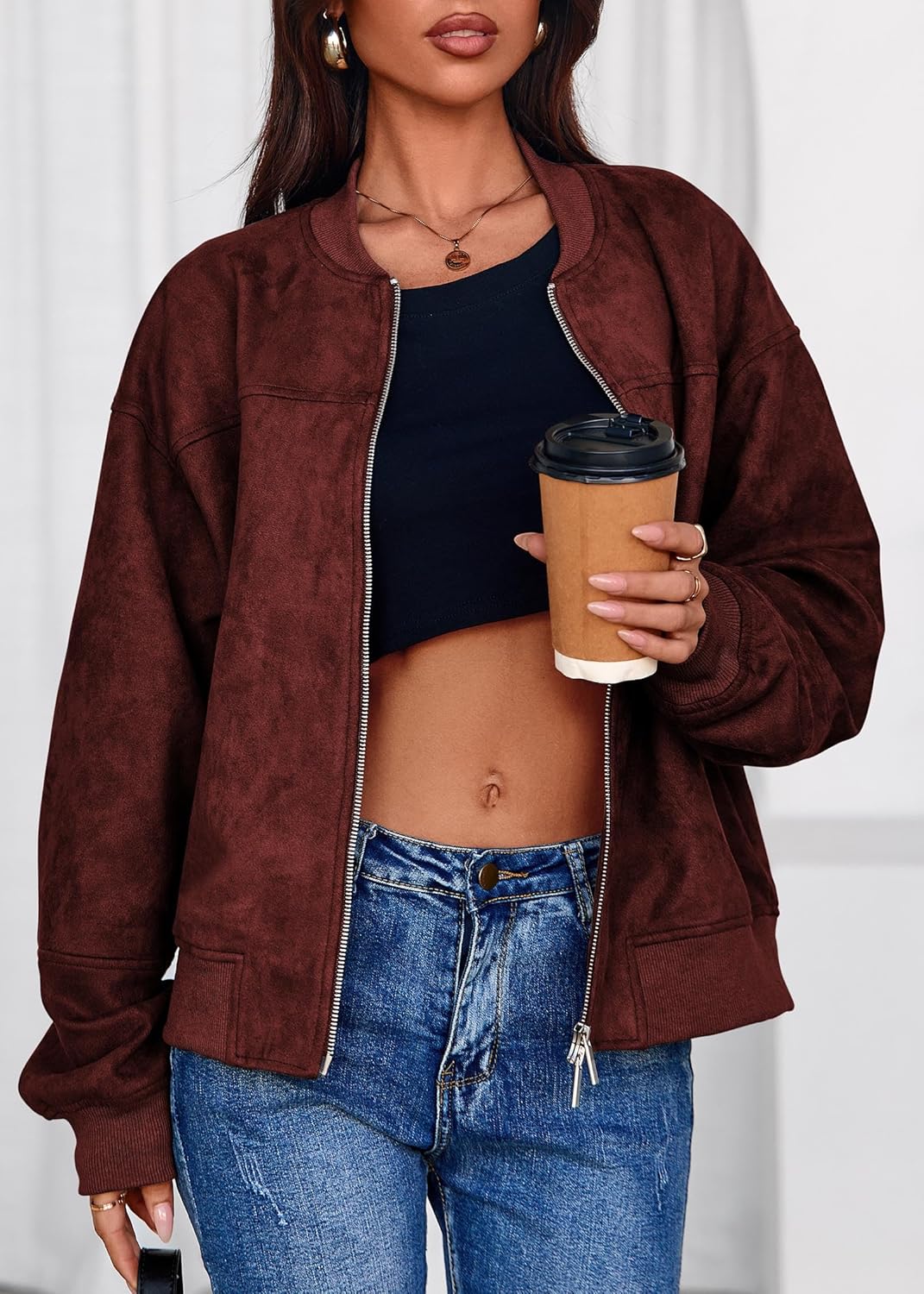 Lazysmile Women's Faux Suede Bomber Jackets Fall Fashion Outfits Winter Clothes Stand Collar Zip Up Coats Outwear - Image 3