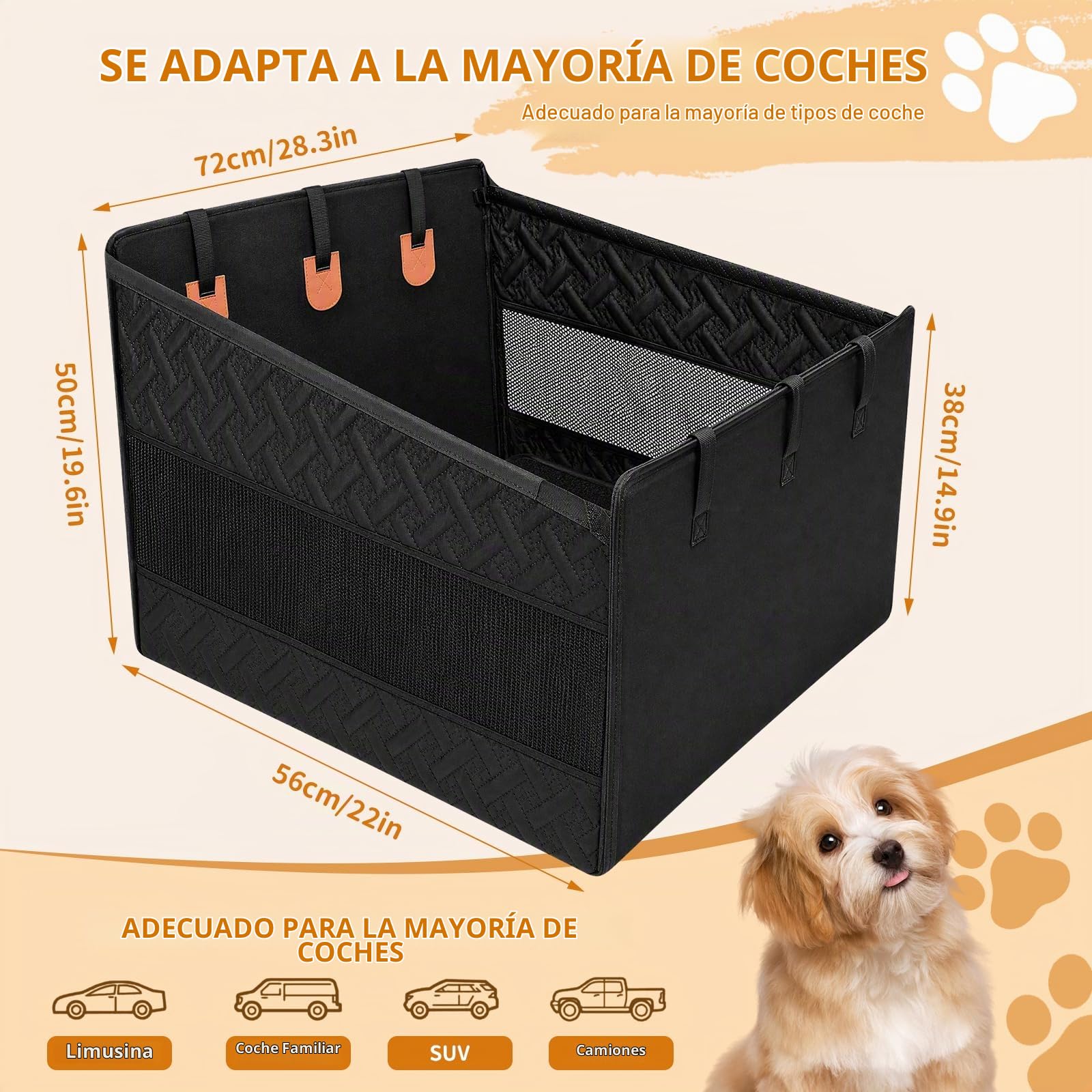Asiento Coche Perro Grande Mediano, Asiento Perro Coche Base Rígida Reforzada, Impermeable 600D Oxford con Cinturón de Seguridad, Antideslizante para Asiento Trasero hasta 50kg
