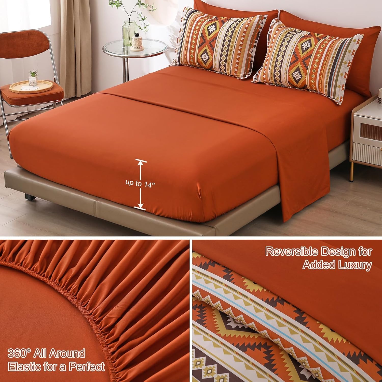 Dinjoy California King Comforter Set Size, Burnt Orange Striped Cali King Bed Set Fall Bedding Sets Terracotta 7 Pieces Boho Bed in a Bag Comforters with Sheets Aztec for Women - Image 3