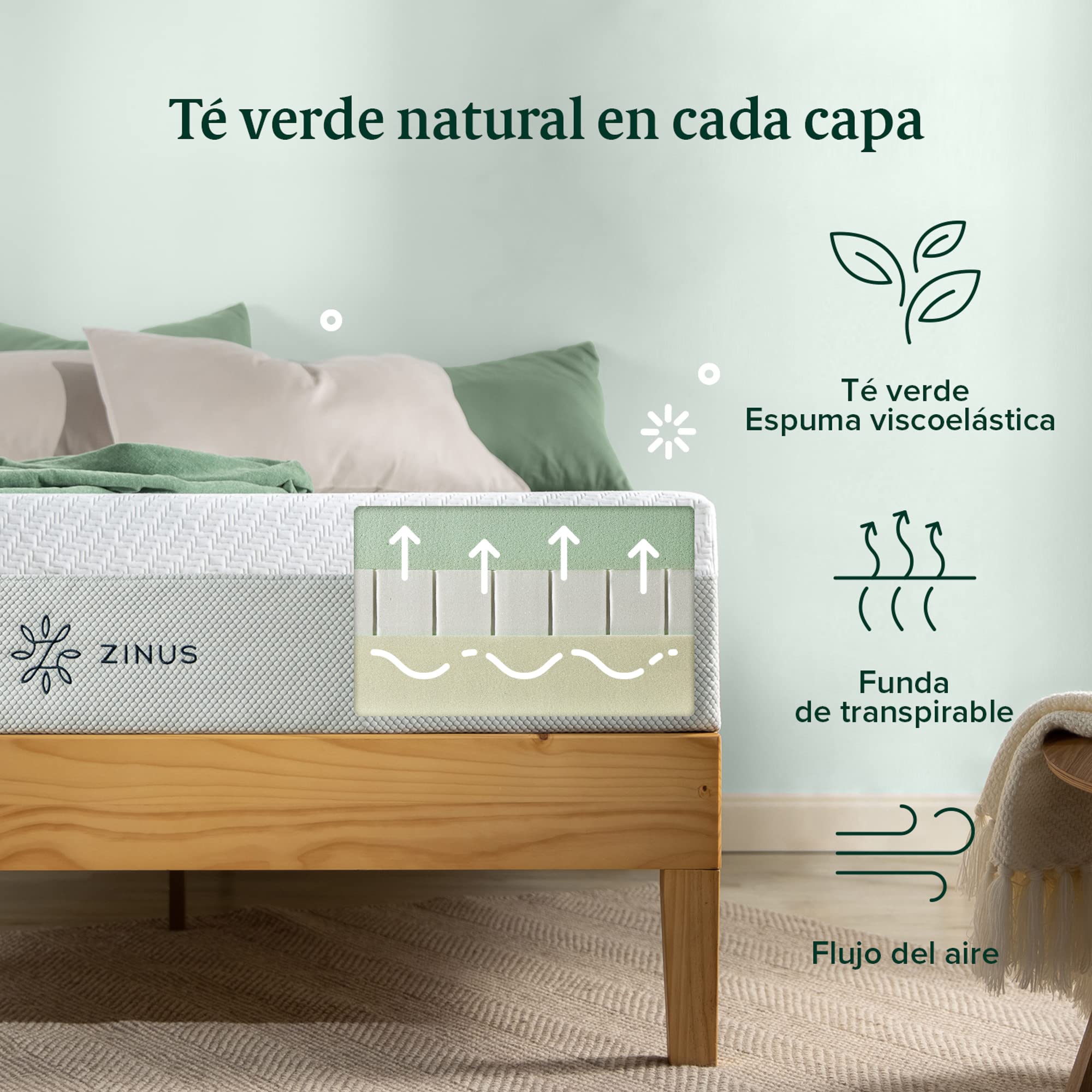 Zinus Colchón de Espuma viscoelástica con té Verde Luxe | Adaptable de 7 Zonas | 150 x 190 cm | Altura de 25 cm | Oeko-Tex
