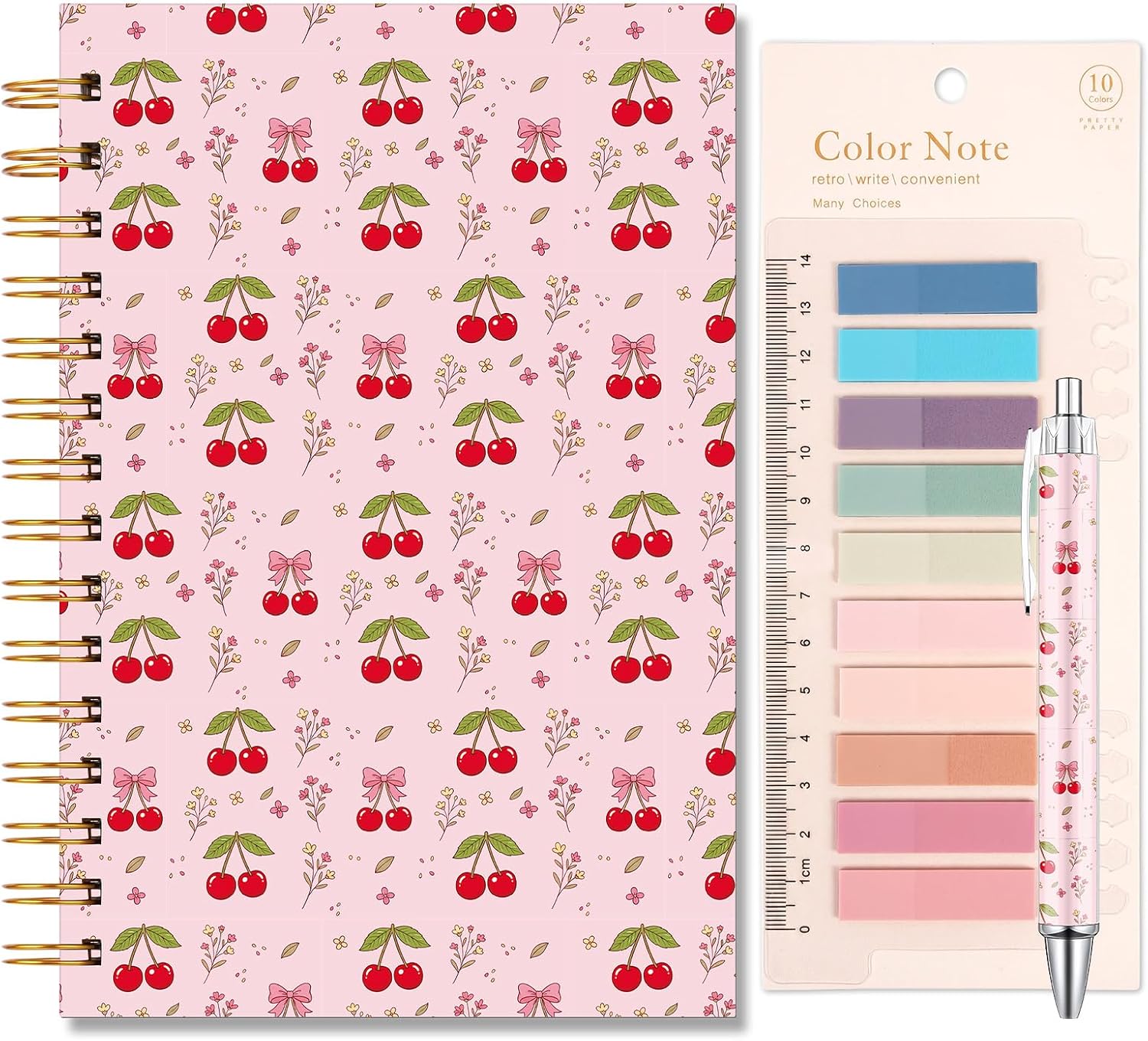 Wxiben 3Pc Cherry Spiral Notebook Journal Pen Sticky Notes Stationery Gifts