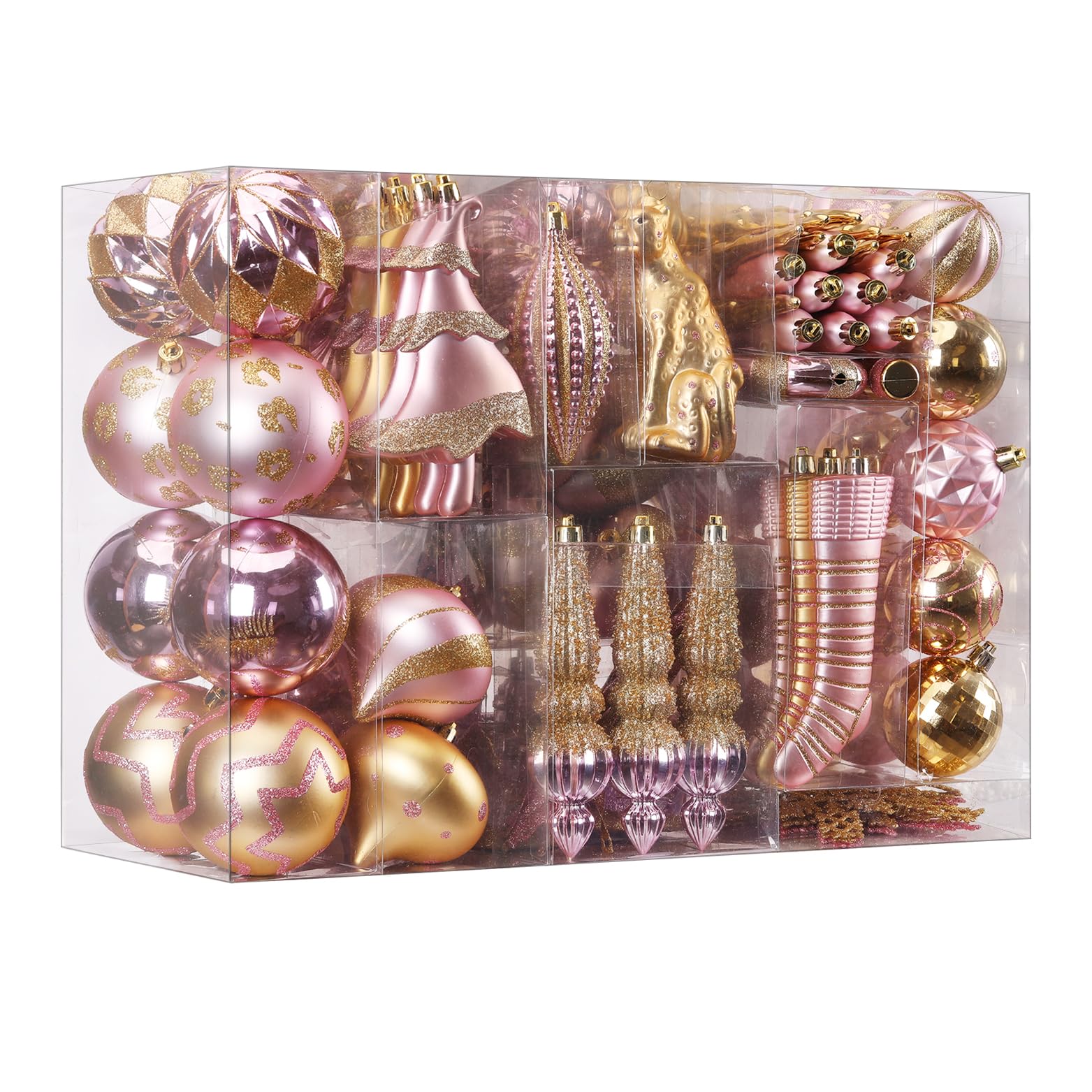 SHareconn Lot de 145 boules de Noël en plastique incassable – Flocons de neige, étoiles et cimier de sapin – Décorations de fête de mariage avec cordes à suspendre – Doré et rose