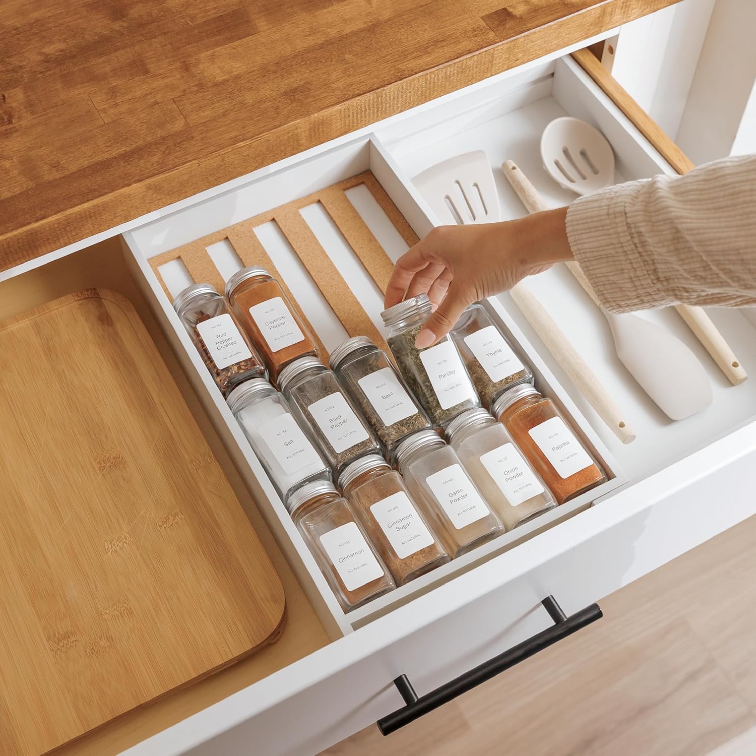 KitchenEdge Spice Drawer Organizer with Expandable Storage. Holds up to 15 Spice Jars (Not Included), Non-Slip Feet, Kitchen Accessory Storage, 100% Sustainable Bamboo Wood (White Bamboo)