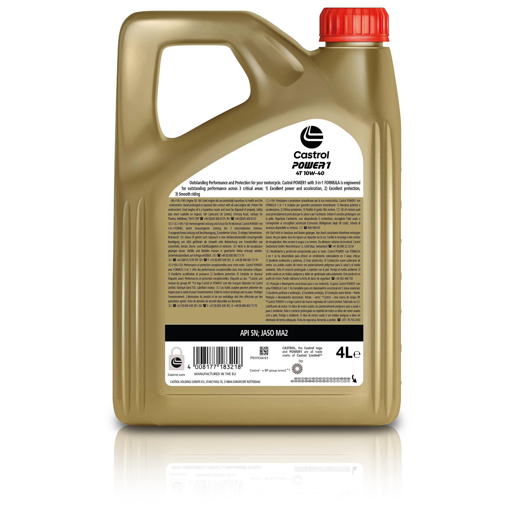 CASTROL Huile moteur Power 1 10W-40 Huile en partie synthétique API SN 4T 4 L Compatible avec ZNEN MOTORCYCLES ZN150, YAMAHA MOTORCYCLES CRYPTON