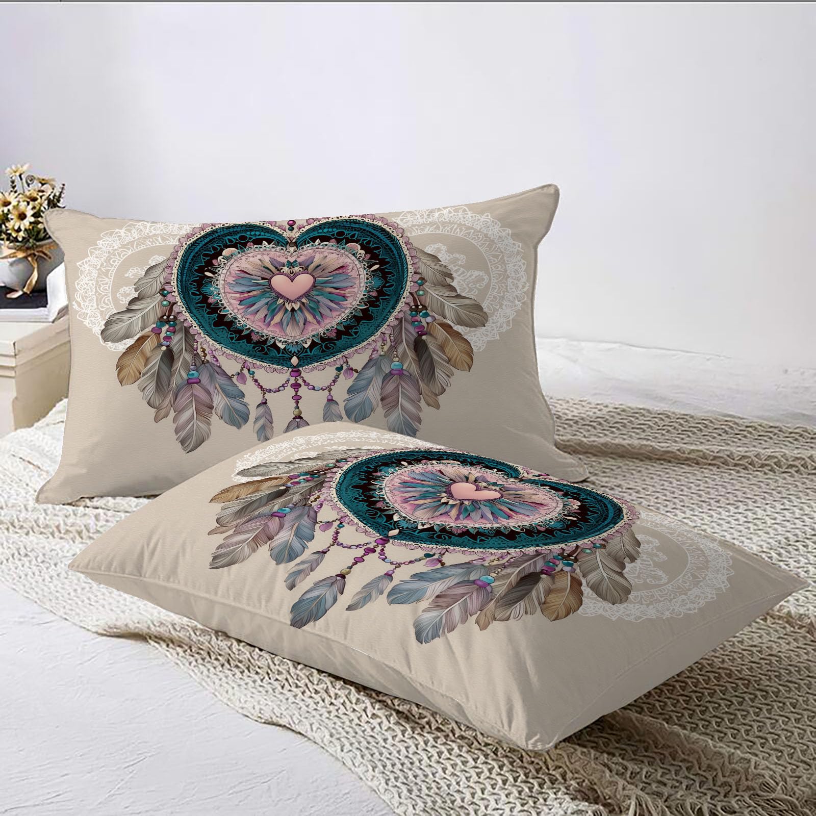 Wendebettwäsche 240X220 Beige Bohemianischer Traumfänger Schlafzimmer Bettwäsche 3Tlg, Retro-Federn Bettbezug Und 2 Kissenbezug, Weiche Mikrofaser Deckenbezug Mit Reißverschluss