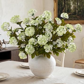 GLIDLION 28" Artificial Snowball Hydrangea Flowers for Vase - 6 Pcs Faux Hydrangea Stems Fake Silk Flower Branches for Table Centerpieces DIY Floral Arrangements Party Home Decor White-Green
