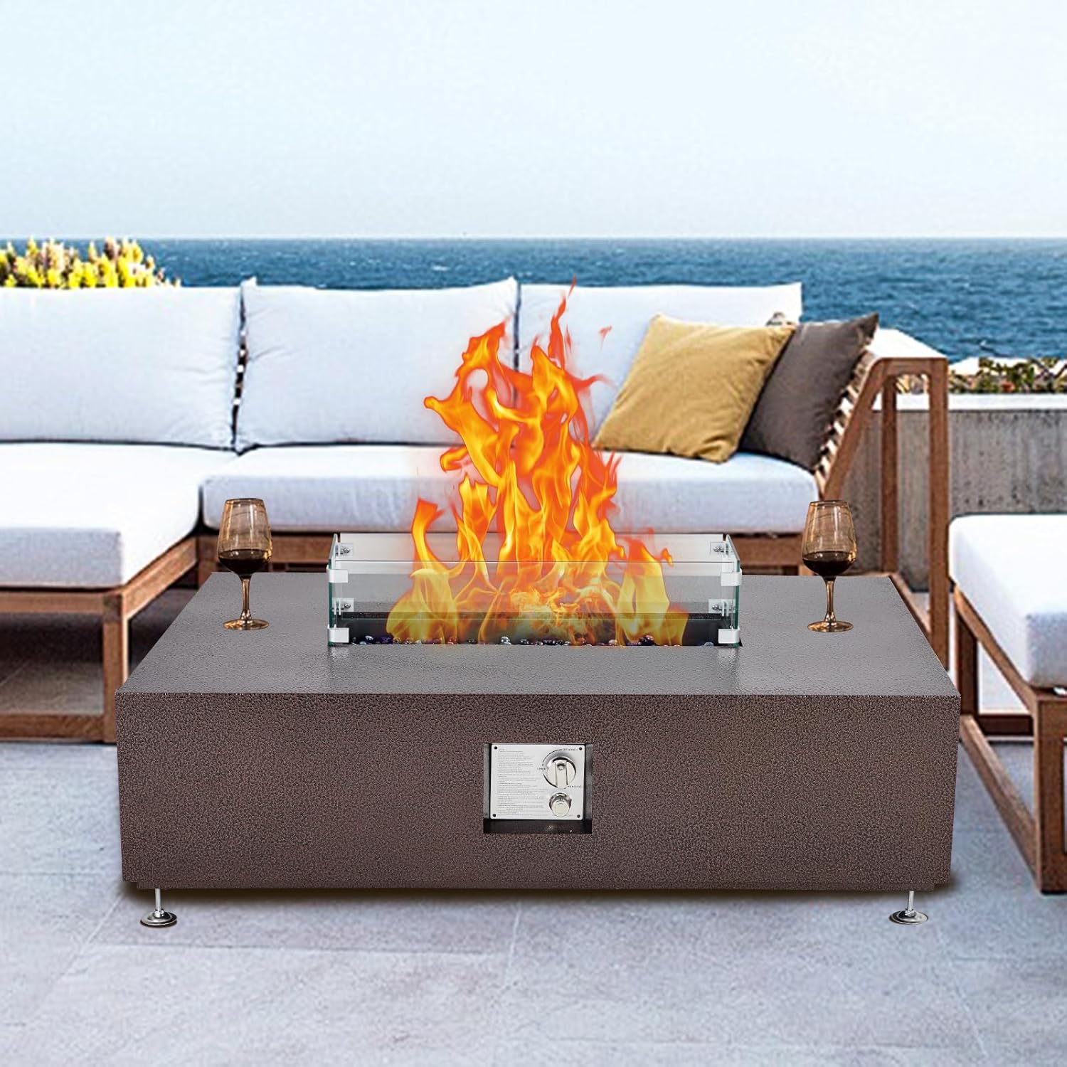 48 Inch Propane Fire Pit Table, 50000BTU Outdoor Rectangular Gas Firepit with Wind Guard, Glass Beads & Rain Cover, Add Warmth and Ambience On Patio Deck Garden, CSA Certified Fire Table, Bronze