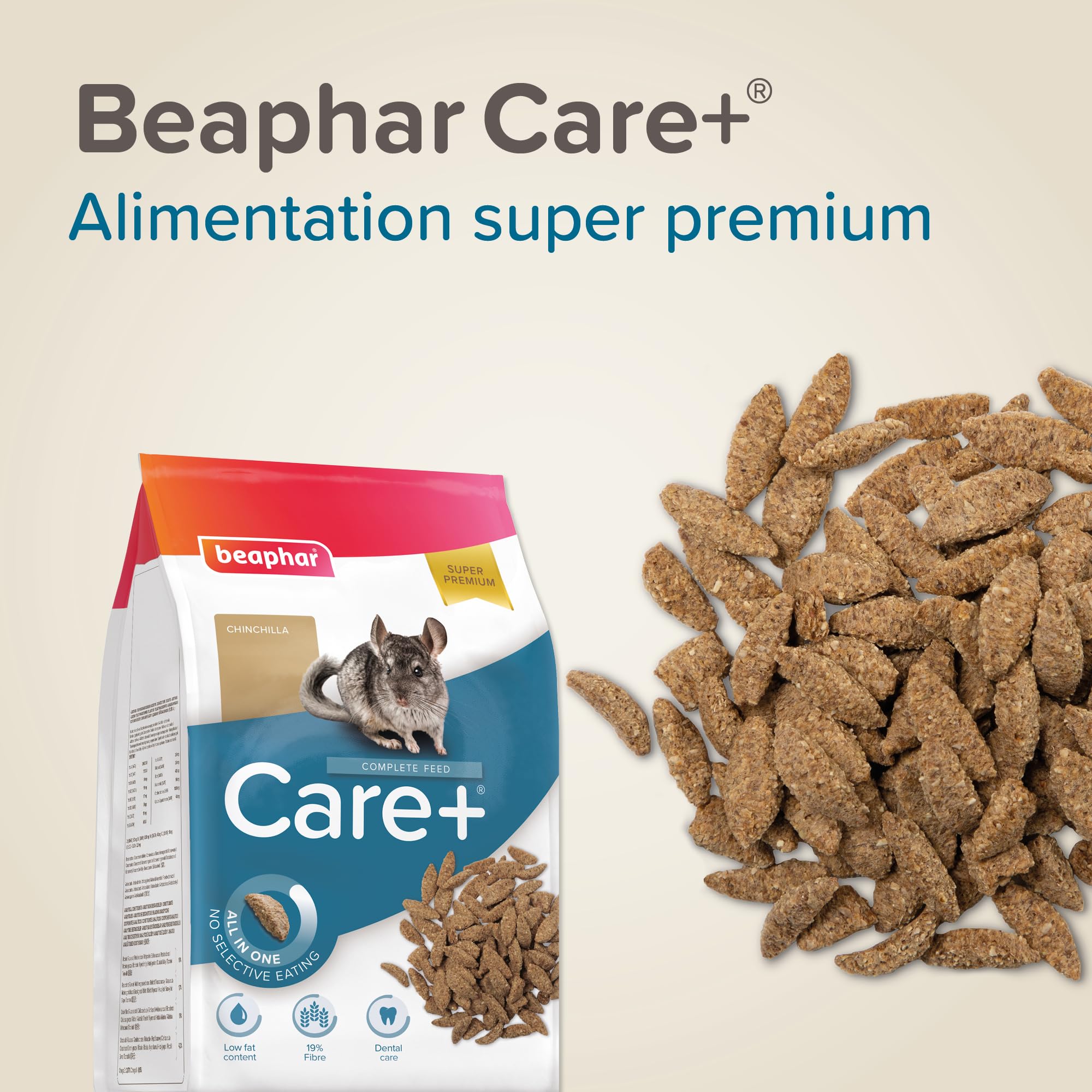 BEAPHAR – CARE+ – Alimentation Super Premium extrudée pour chinchilla – 20% de fibres – Faible valeur énergétique & matières grasses –Sans colorant –Haute digestibilité–Usure naturelle de dents– 1.5kg