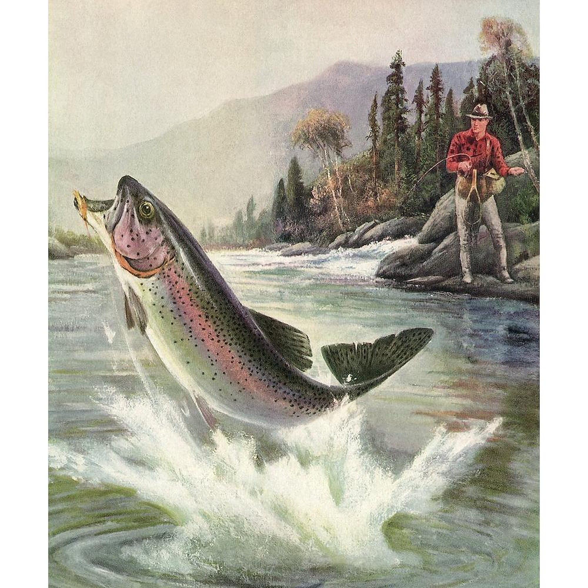 Amazon.com: CafePress Vintage Fishing, Rainbow Trout Throw  Vintage Pillowcase Fish Needlepoint Throw Blue Leaping Trout Cottagecore Rustic main image 0