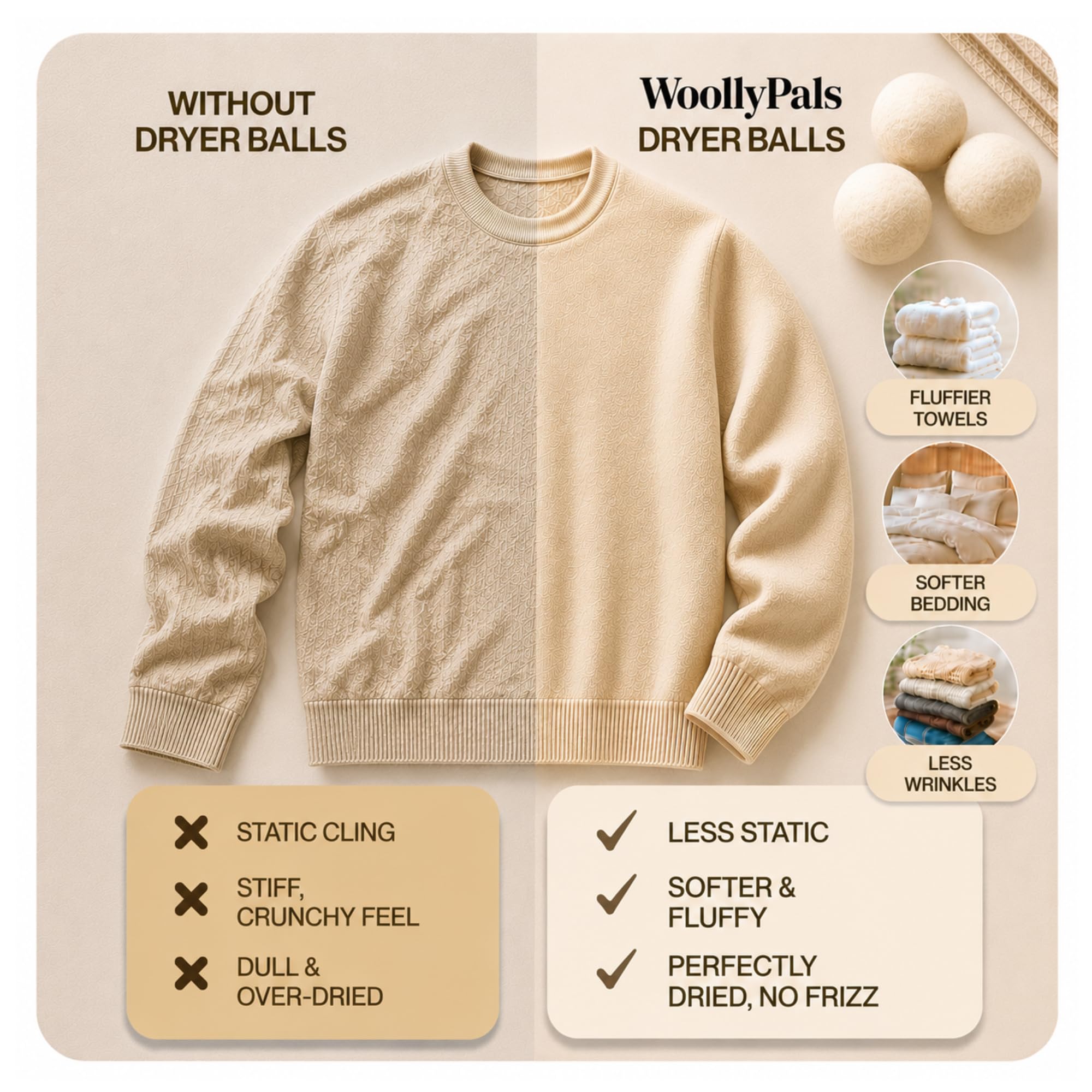 WoollyPals, palline di lana per asciugatrice (confezione da 6, misura XL) – 100% lana biologica neozelandese – sostenibili ed ecologiche – asciugano 1.000 carichi, sostituiscono i fogli per