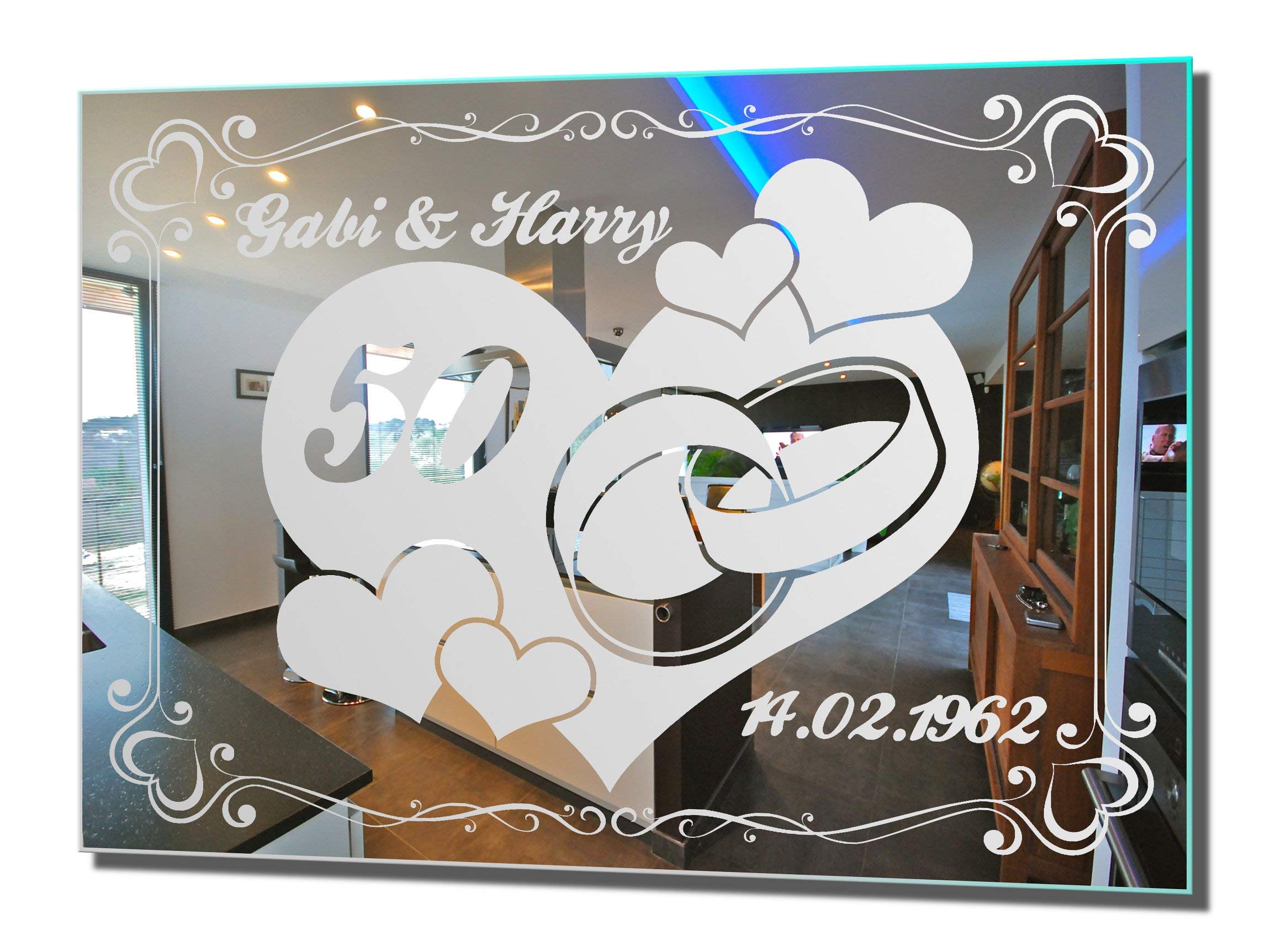 Spiegel mit Gravur zur Goldenen Hochzeit 2 ★ Wandbild ★ Hochzeitstag ★ Ehe ★ Hochzeitsgeschenk ★ 50 Jahre ★ personalisiert