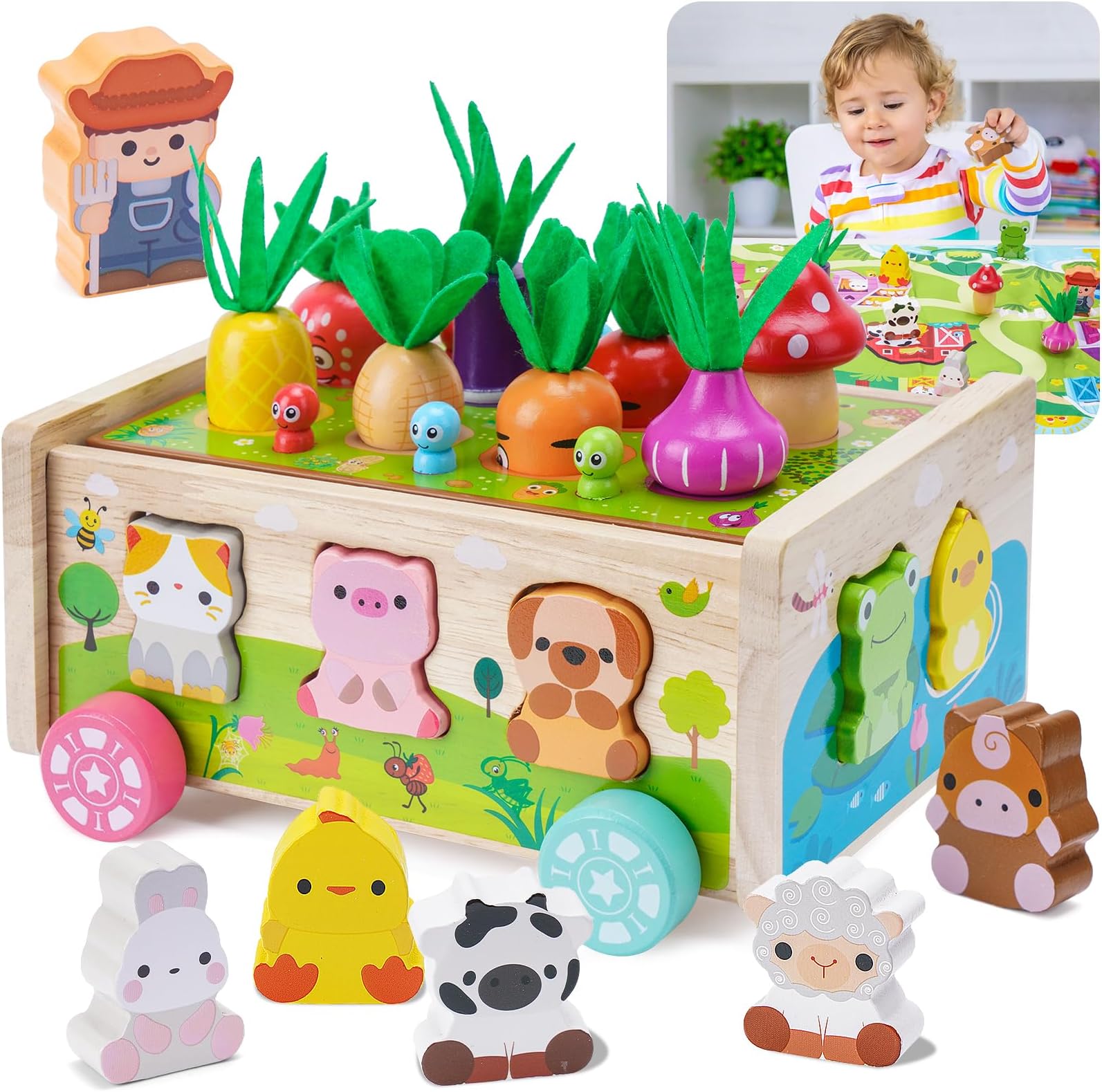 – Toddler Montessori Wooden Farm Toys | Babies 12-18 Months Toy with Game Map for 1 2 3 Year Old Boys Girls | 1st First Birthday Gifts for 1-2 Years | Wood Learning Educational Toys Fine Motor Skills