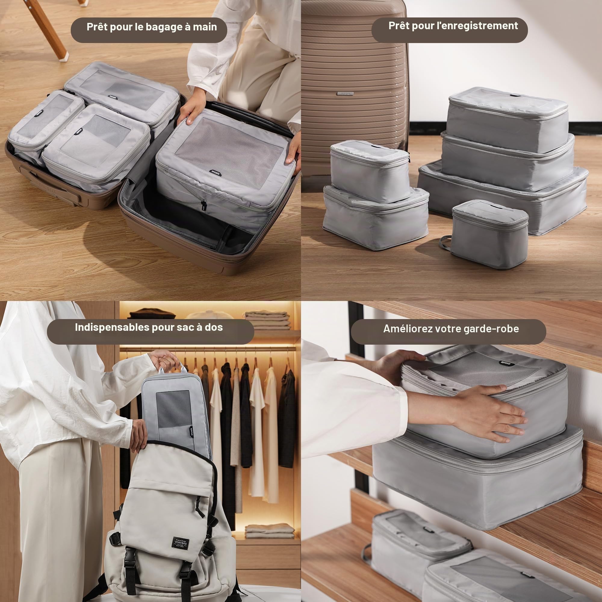 EPICKA TripCozy - Ensemble de 4 cubes de rangement de voyage avec 6 sacs organisateurs durables à partie supérieure en maille, accessoires de voyage extensibles pour le transport, bagages