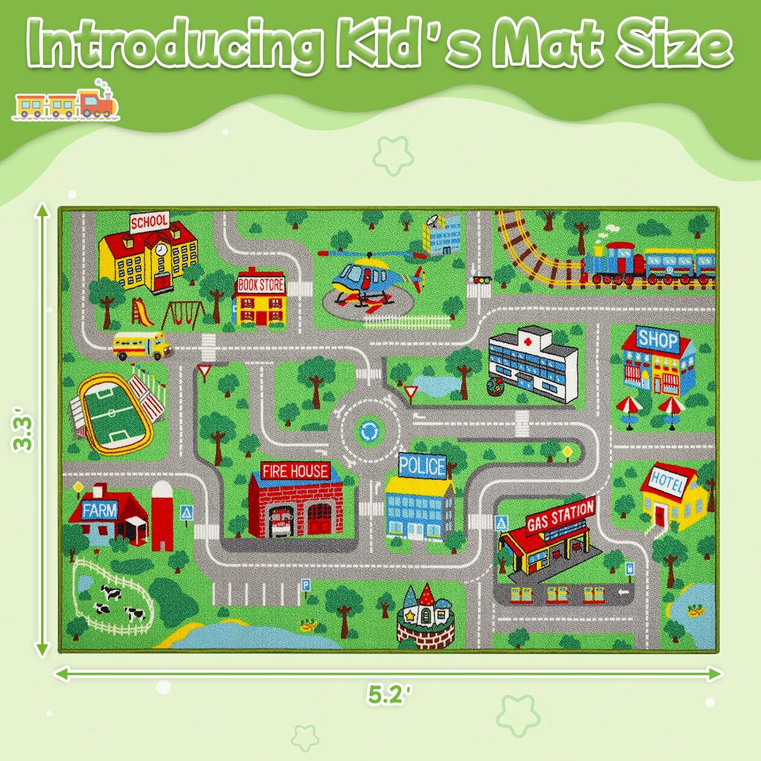 Kids Rug Car Play Mat 5.2'x3.3',Green Kids Rug for Toy Cars,Non-Slip Town City Map Carpet Play Mat,Traffic Road Kid Educational Learning Car Rugs for Children Room Playroom Nursery