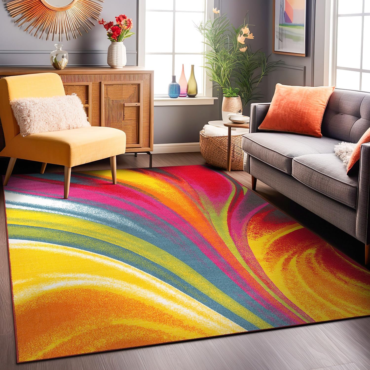Rugshop Modern Contemporary Waves Non-Slip (Non-Skid) Area Rug 5 X 7 (5' 3" X 7' 3") Multi