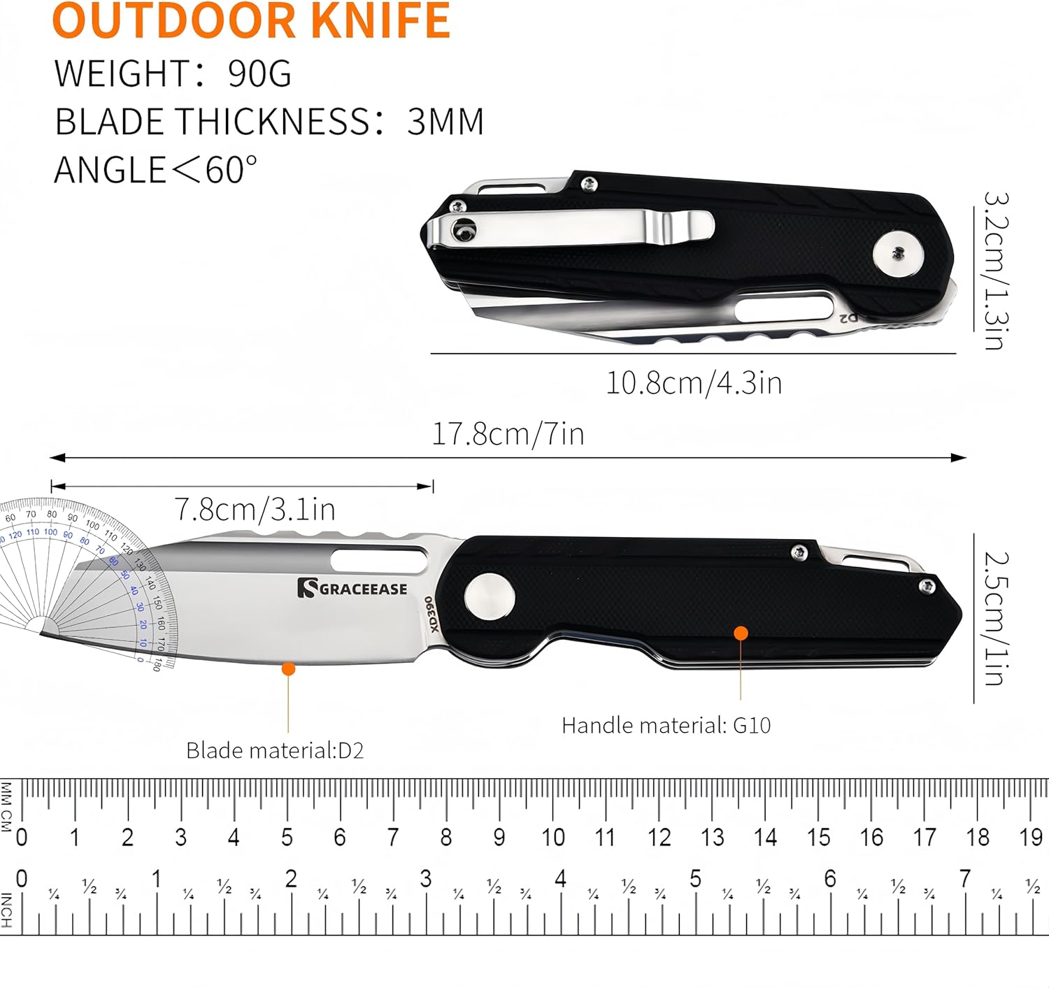 D2 Steel Folding Pocket Knife - EDC Utility Knife with G10 Handle for Camping, Hiking(Black)