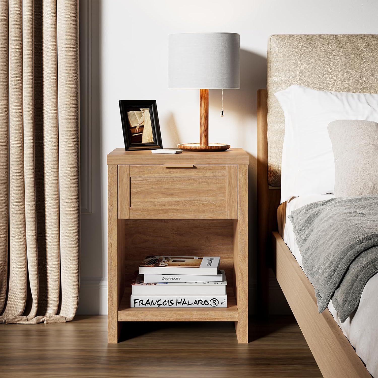 Walsham Natural Nightstands Set 2, Boho Bed Side Table for Living Room, Minimalist Night Stand with Drawer and Storage Shelf - Farmhouse End Tables for Bedroom (Weathered Oak, 2 Set)