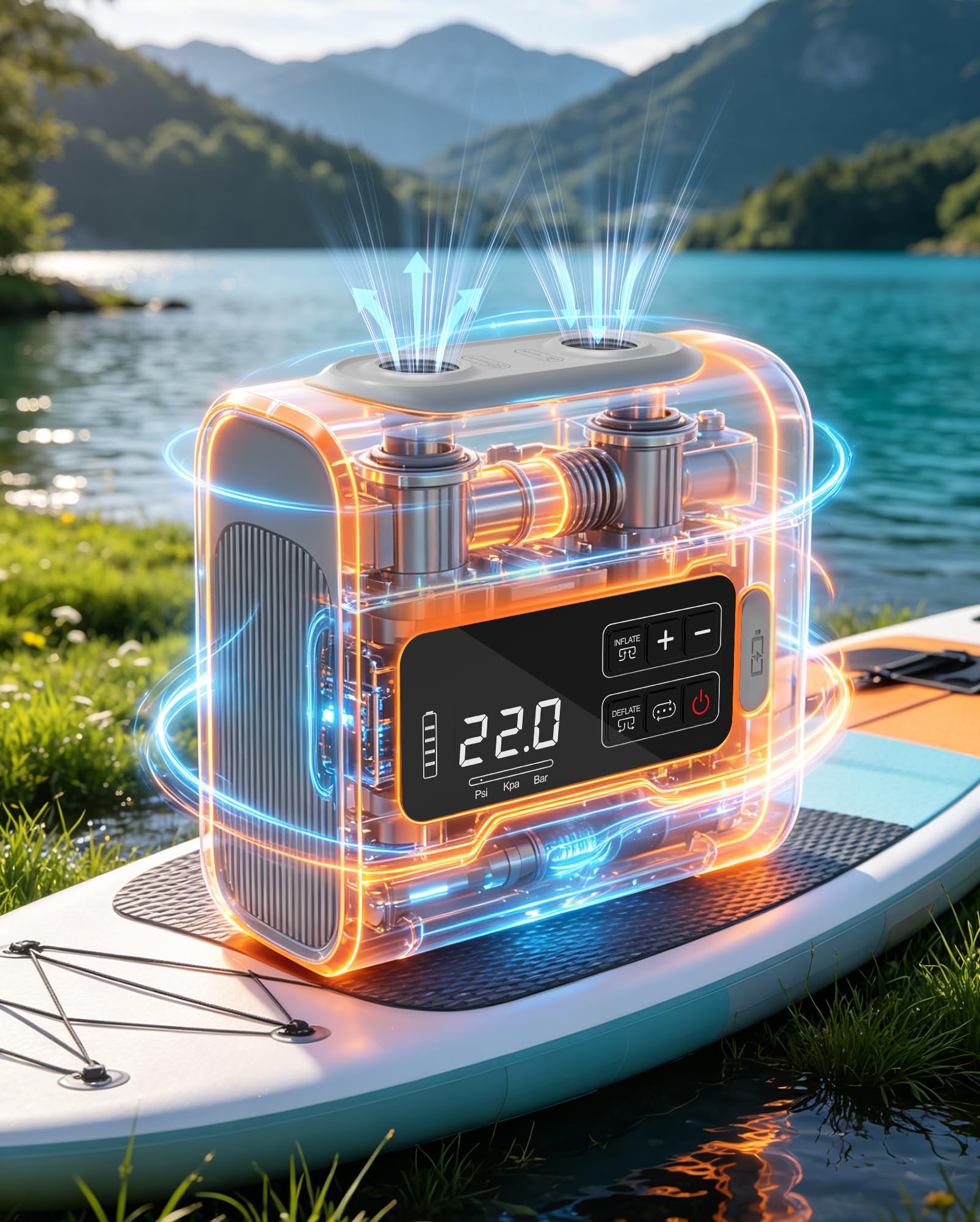 AKSOUL SUP Pumpe Elektrische Akku 22PSI: Wiederaufladbare Sup Motor Luftpumpe mit Sanddicht-Design für Stand Up Paddle Board Luftmatratze Camping Zelt Schlauchboot