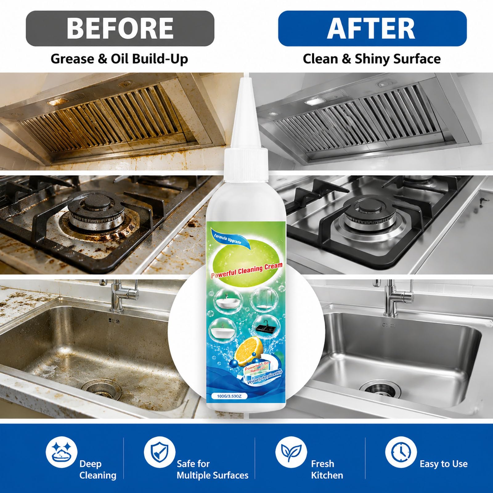 Limpiador de cocina y desengrasante para cocina, horno, campana extractora y freidora de aire caliente, crema limpiadora altamente eficaz para eliminar manchas de aceite en diferentes superficies, 100