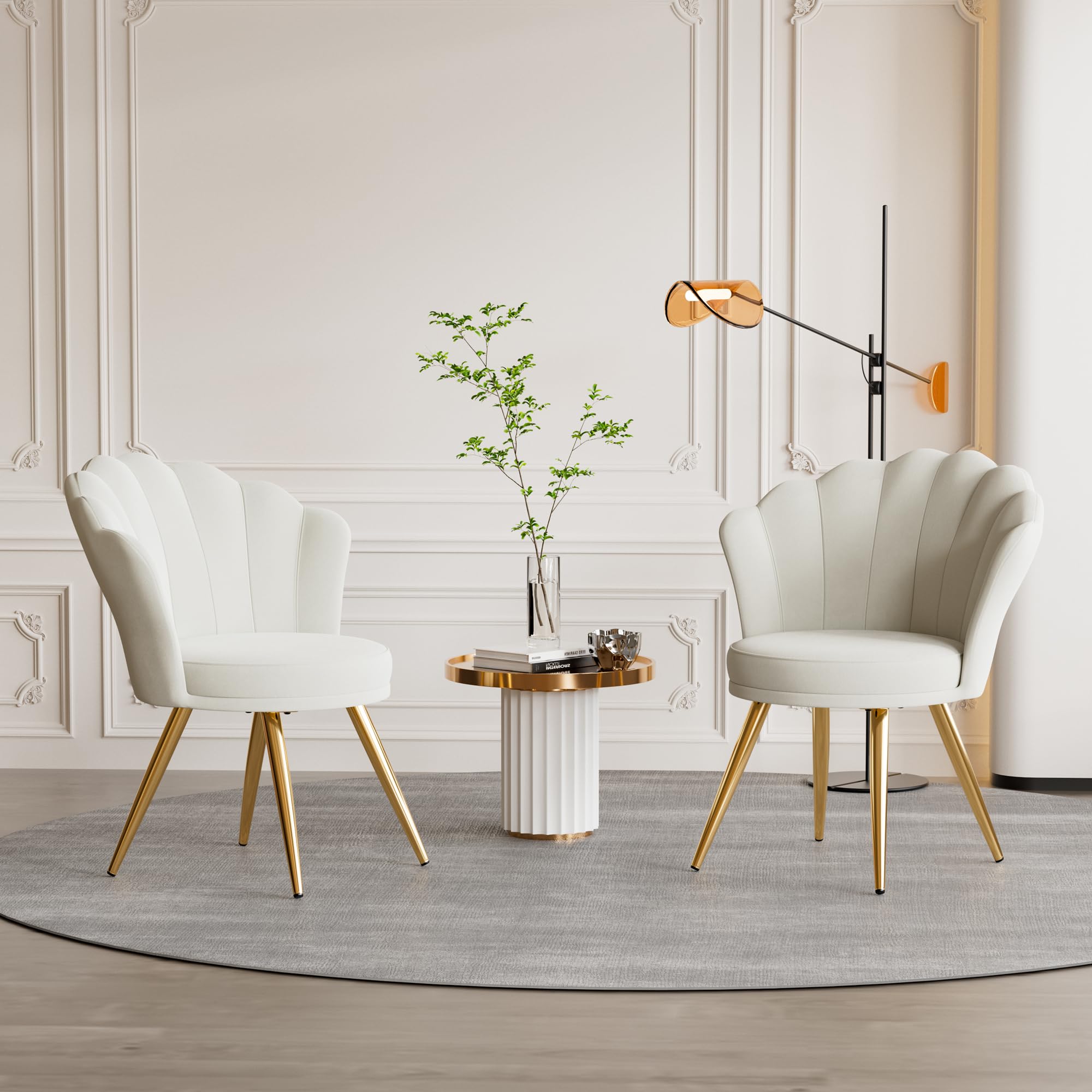 Aivermeil Velvet Accent Chair with Gold Metal Legs •Vanity Chair for Makeup Room •Upholstered Guest for Living Room •Side for Bedroom •White •Set of 2