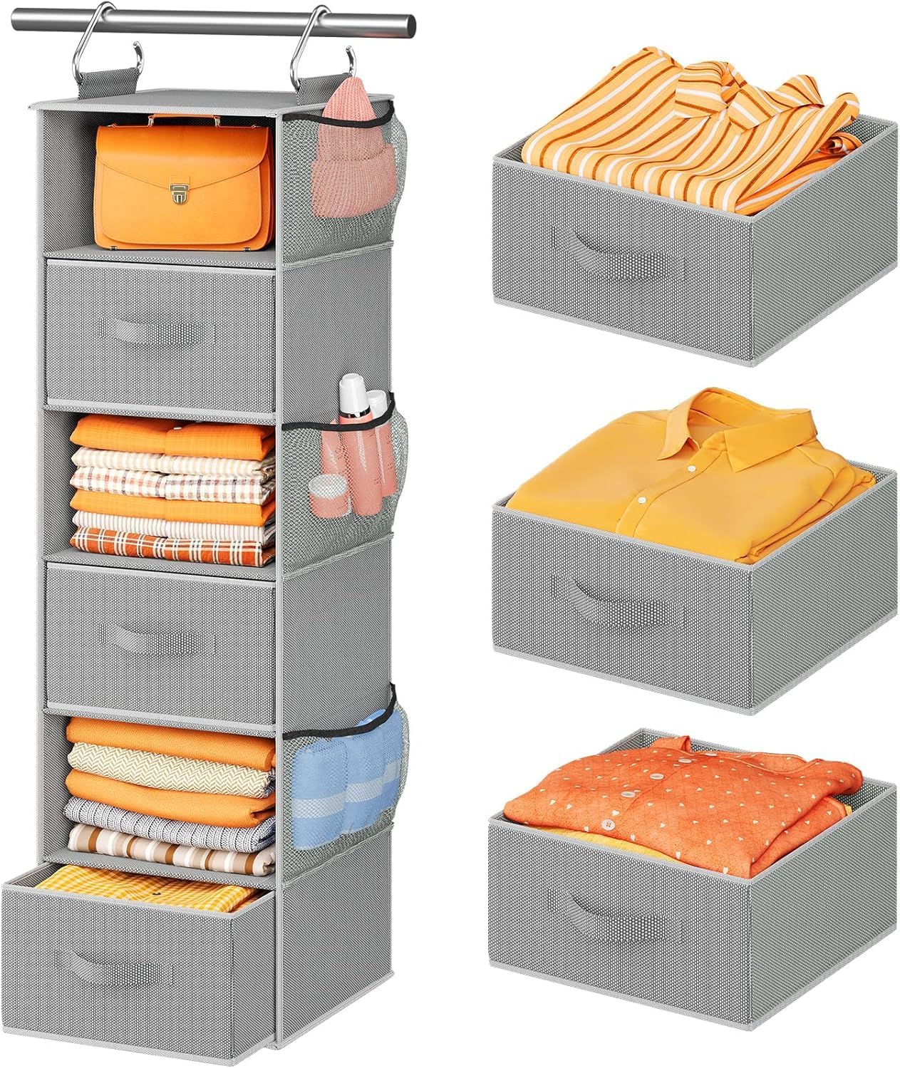 Pipishell Hanging Closet Organizer 6-Shelf, Hanging Shelves for Closet with 3 Removable Drawers & Side Pockets for Bedroom, Garment Rack and Wardrobe Organization, 12' x 12' x 43.3', Dark Gray