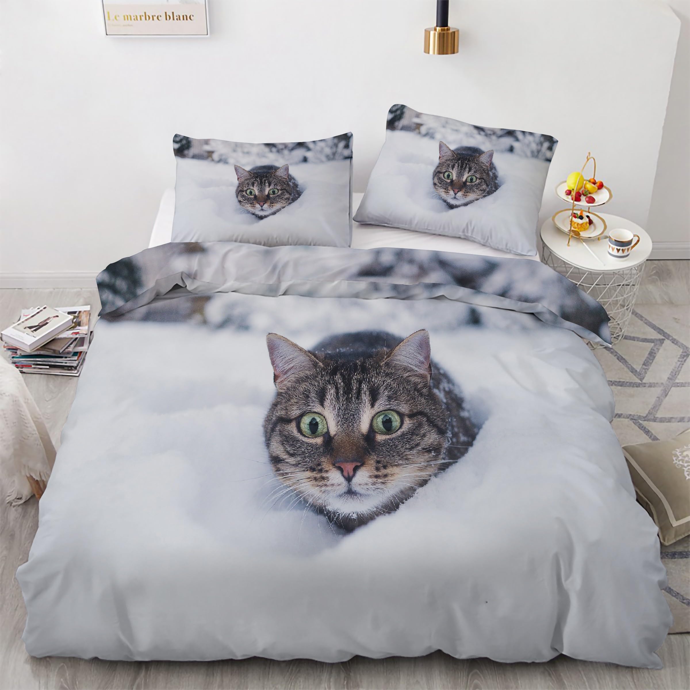 Housse de couette chat tigré 90x190 avec fermeture éclair pratique