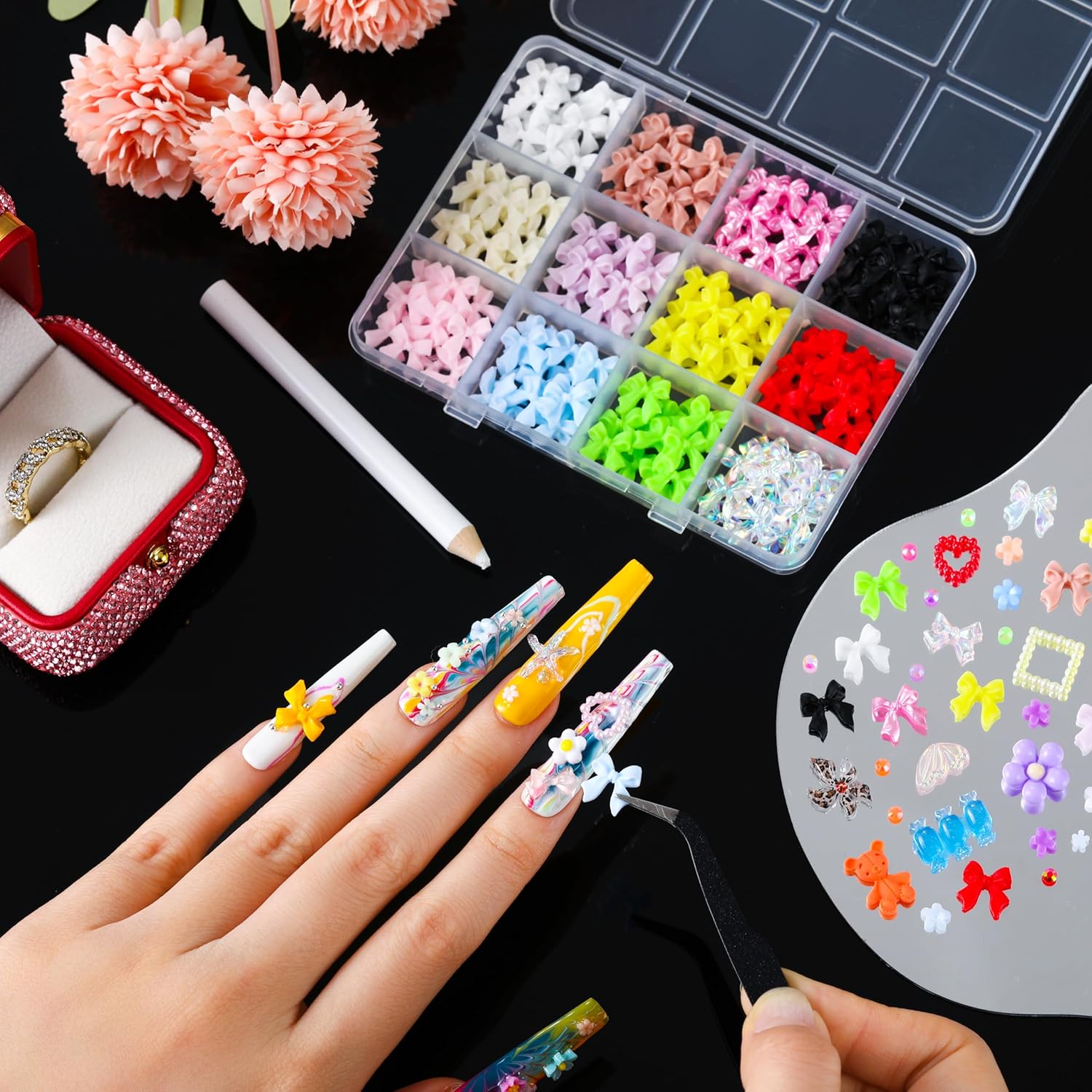 Colorful Macaron Nail Charms Kit, 4 Boxes Pastel Rhinestones Bowknot Flowers & Colorful Nail Art Accessories,Bedazzling Kit Multi-colored 3D DIY for Press On Nails,DIY Manicure