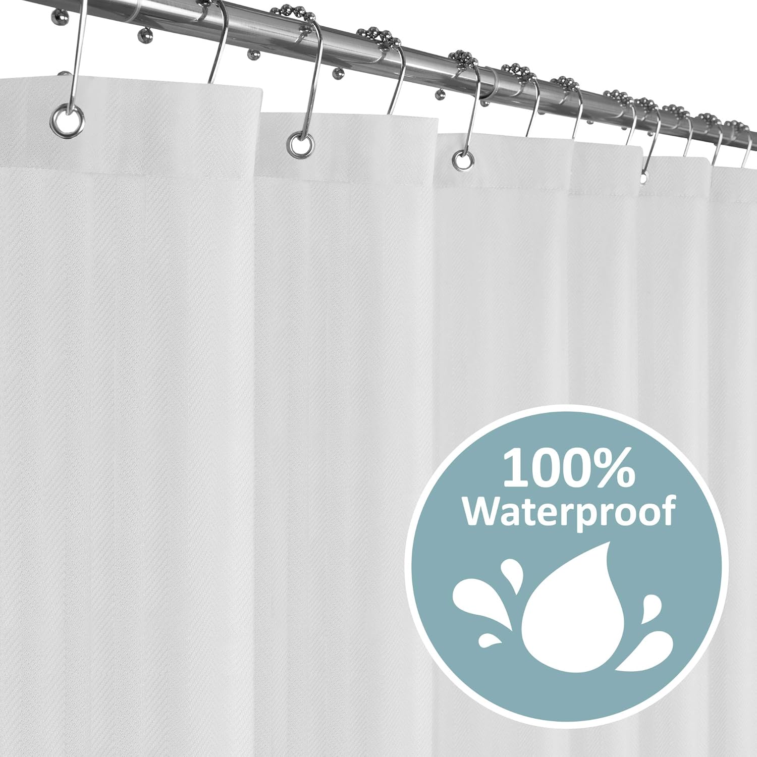 Zenna Home Waterproof Fabric Shower Curtain Liner, Herringbone Patterned Cloth Liner for Showers and Bathtubs, Washable Shower Curtain Fabric with Weighted Hem, 70 x 72 Inch, White