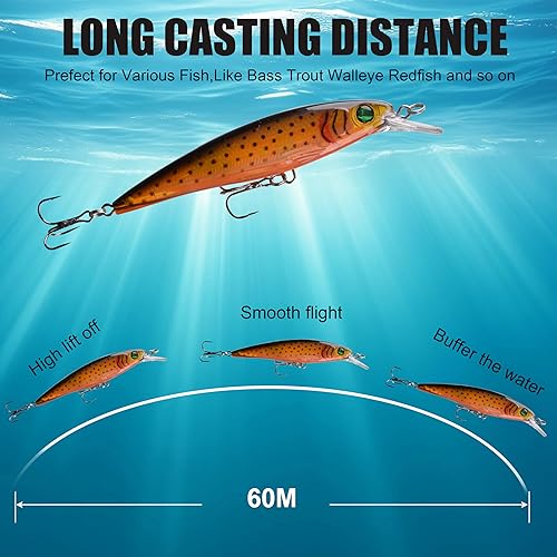 Miniatura 9 de Señuelos de pesca duros, señuelos de minnow para lubina, juego de cebos de crankbait, señuelos de buceo profundo con gancho de agudos para lubina,