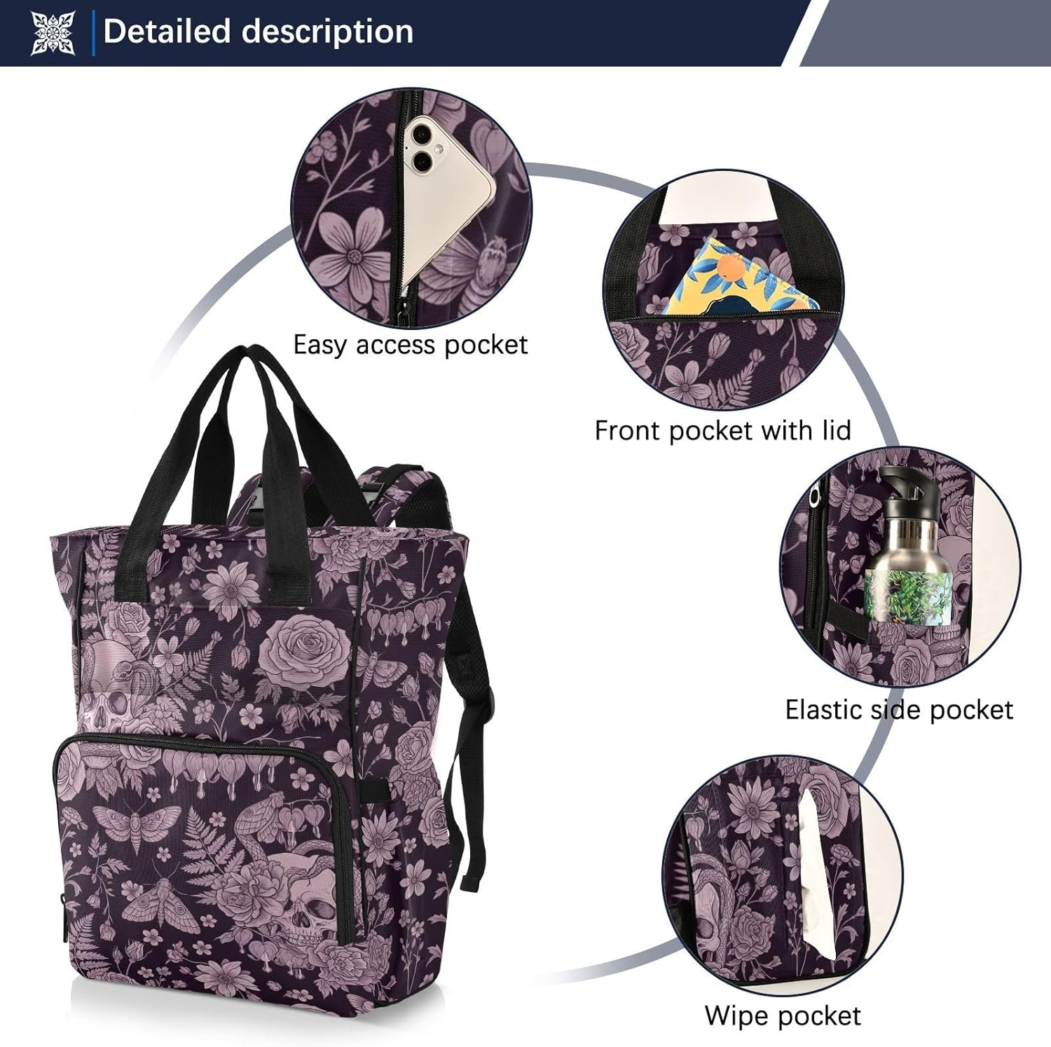 Gothic Skull Flowers Black Pattern Diaper Bag Backpack for Baby Boys Girls Multifunction Baby Essentials Travel Tote with Stroller Straps & Bottle Storage Nappy Changing Bag for Dads Moms Baby