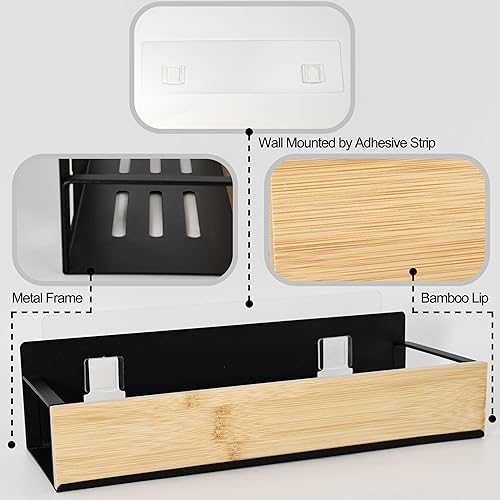 Miniatura 5 de Estantes de baño, estante flotante montado en la pared, estante de almacenamiento sobre el inodoro, estantes de pared de bambú de metal, organizador