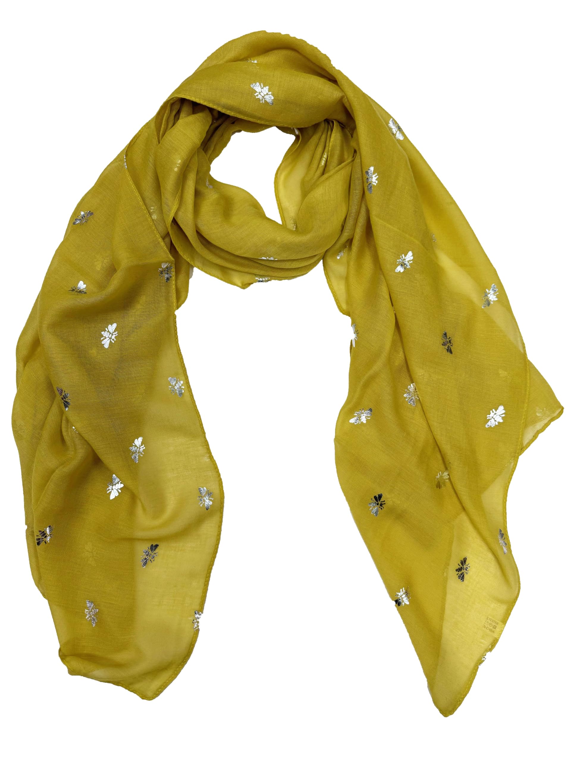 Zac's Alter Ego Women's Mustard Scarf With Silver Foil Metallic Glitter Bee Print