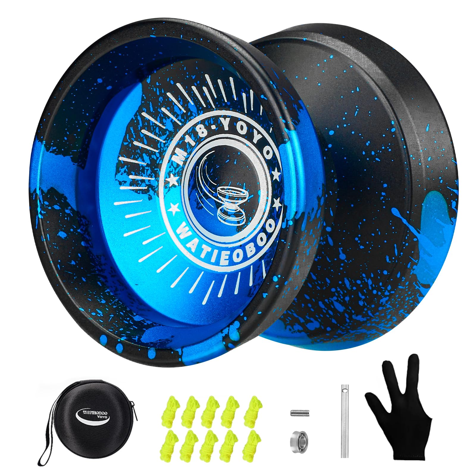 WATIEOBOO M18 Responsive & Unresponsive Metal Yoyo Kit - 8-12 Kids & Adults Pro Trick Yoyo with Bearing, Strings, Case & Gloves (Black & Blue)