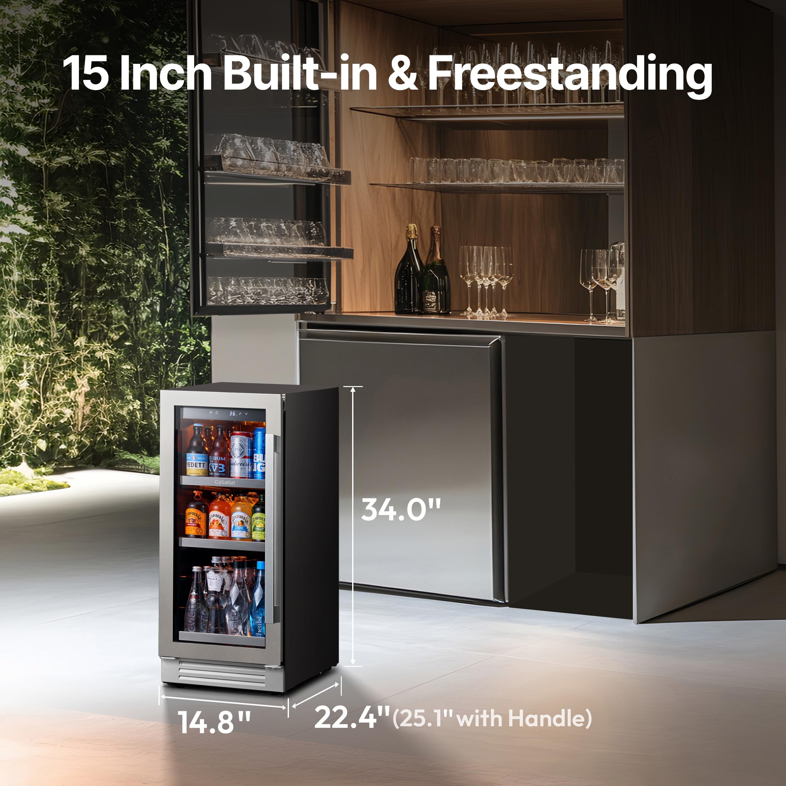 Ca'Lefort Beverage Refrigerator 15 Inch, 100 Cans Mini Fridge With Double Glass Door, Built-In Or Freestanding Drink Cooler With Amber LED Light, Beverage Fridge For Kitchen Bar Office(Left-Hinged) on Fridge.com - View 2