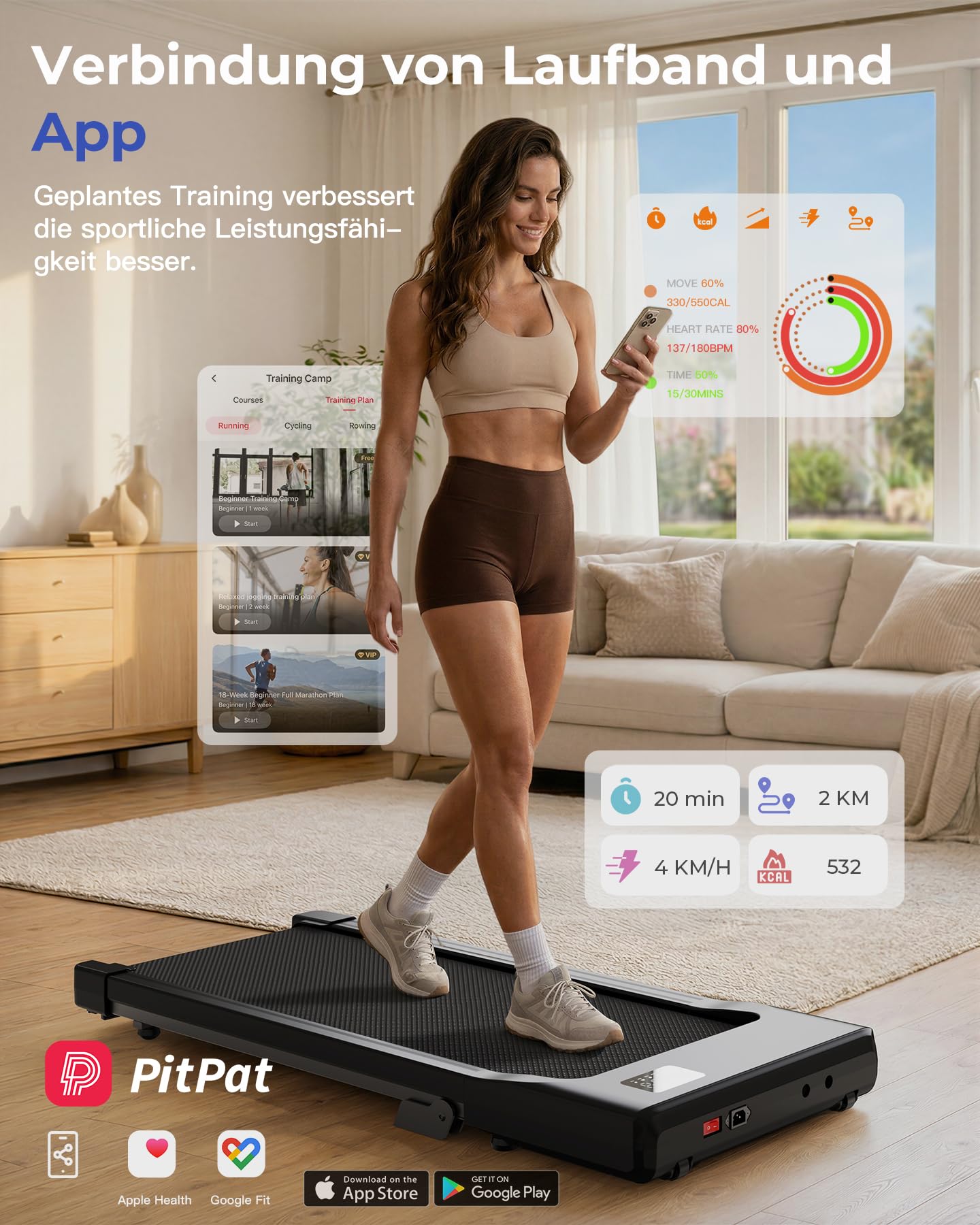 MJWW Walking Pad mit Steigung 6%, Laufband für Zuhause & Büro 136 KG mit Smart App 6 km/h & 12 km/h, Laufband Schreibtisch Leise 2.5 PS mit Schulungskurse und Multiplayer-Wettbewerbe