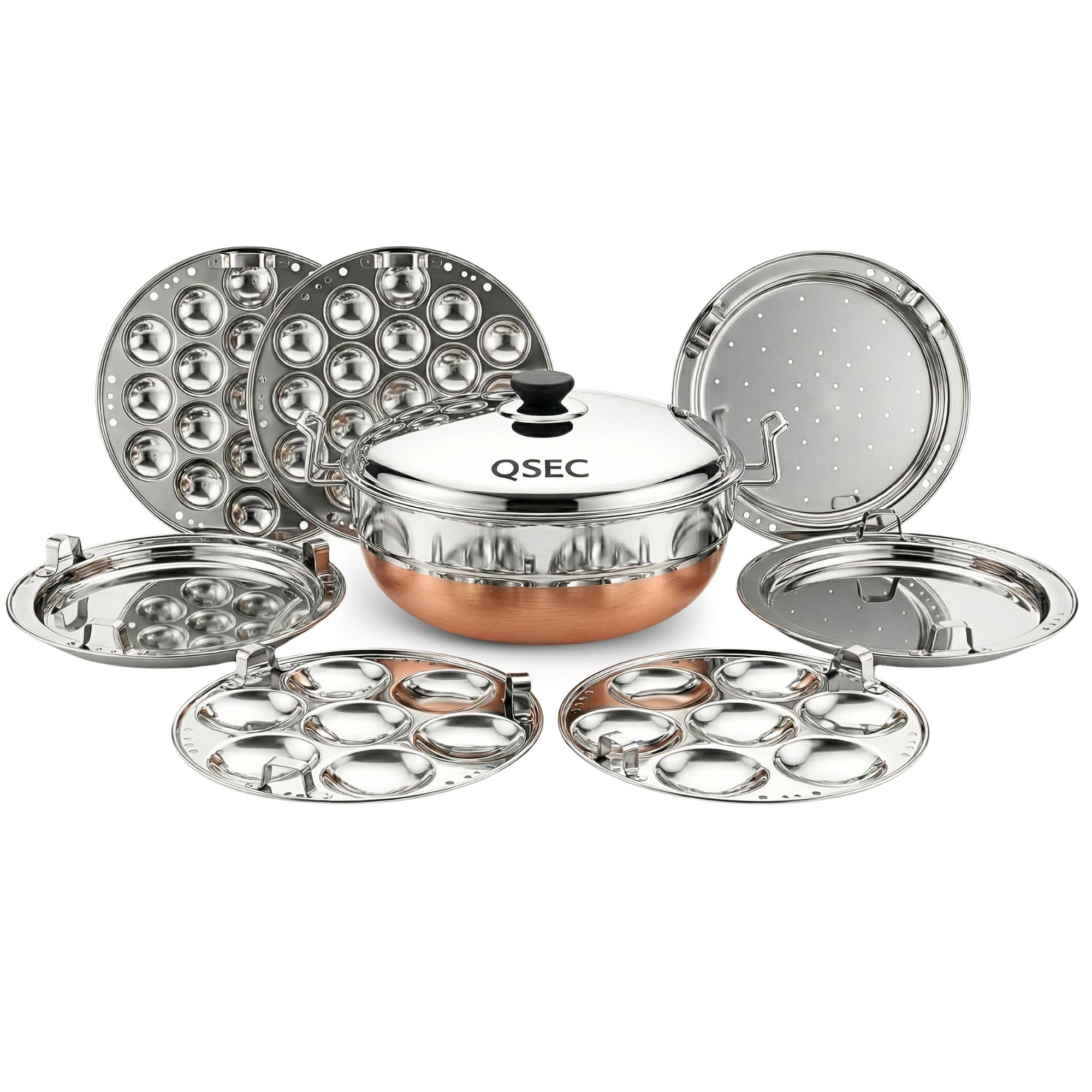 QSEC Stainless Steel Idly Cooker Multi Kadai Idli And Dhokla Steamer & Idli Cooker With 7 Plates|Mini Idli Stand|2 Mini Idli Plate|2 Idli|2 Dhokla|1 Momos|Multi Utility Kadai Cookware Set,5 Litre