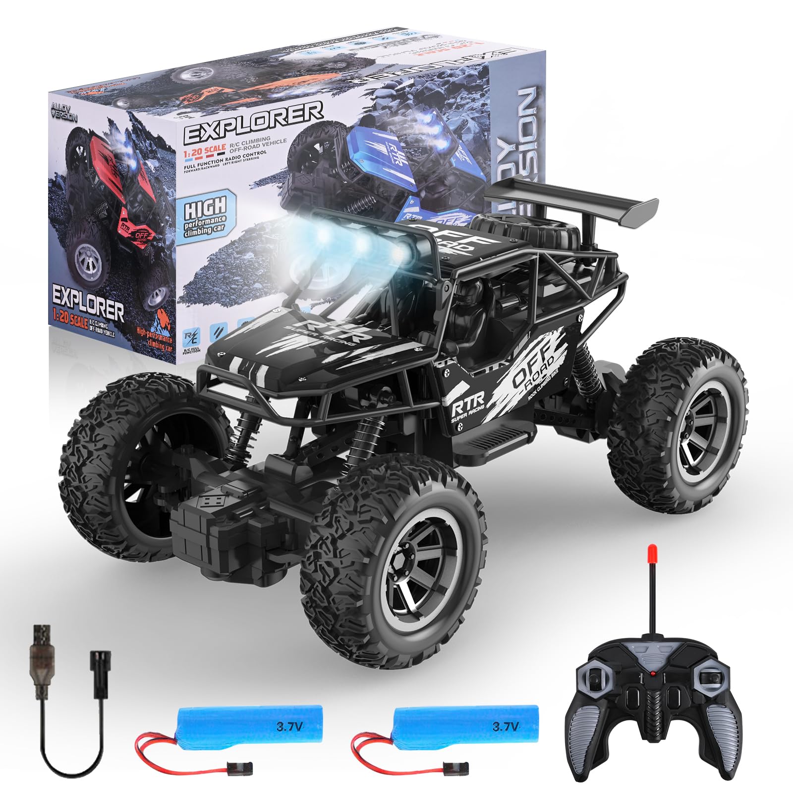 Coche Teledirigidos Todoterreno, 2,4 GHz Carro RC Radiocontrol Monster Truck Offroad, 1:20 RC Vehículo con Luz, 2WD Coche Drift Buggy Car Juguete Regalo para Niños Adulto (Negro)