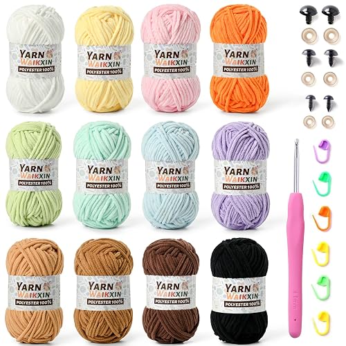 12 Pack Fluffy Chunky Chenille Yarn for Crocheting, Baby Yarn for Crocheting Soft Blanket, 1200g (1574yds) Bulky Yarn Set for Crochet Amigurumi & DIY Crafts A - 12 A