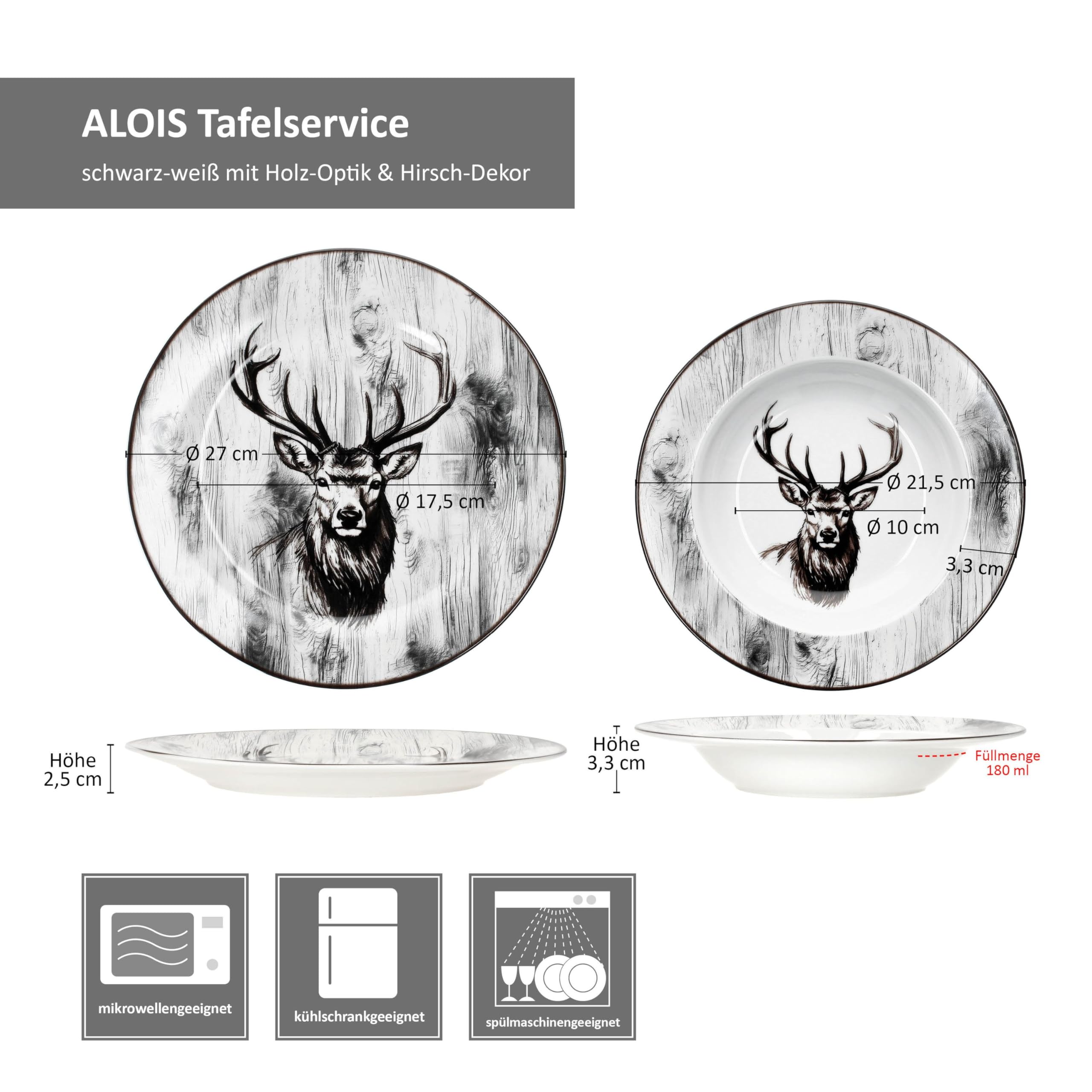 MamboCat Alois 12tlg Tafelservice I Porzellan-Geschirr mit Hirsch-Dekor für 6 Personen I 6X Suppenteller & 6X Speiseteller für Frühstück, Mittag & Abendbrot