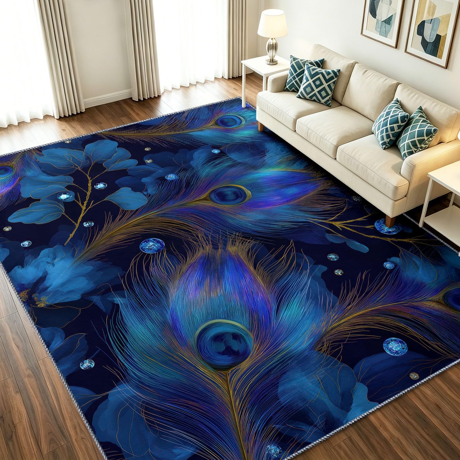 Tapis de salon bleu broderie fantaisie plume de paon haut de gamme 160 x 230 cm